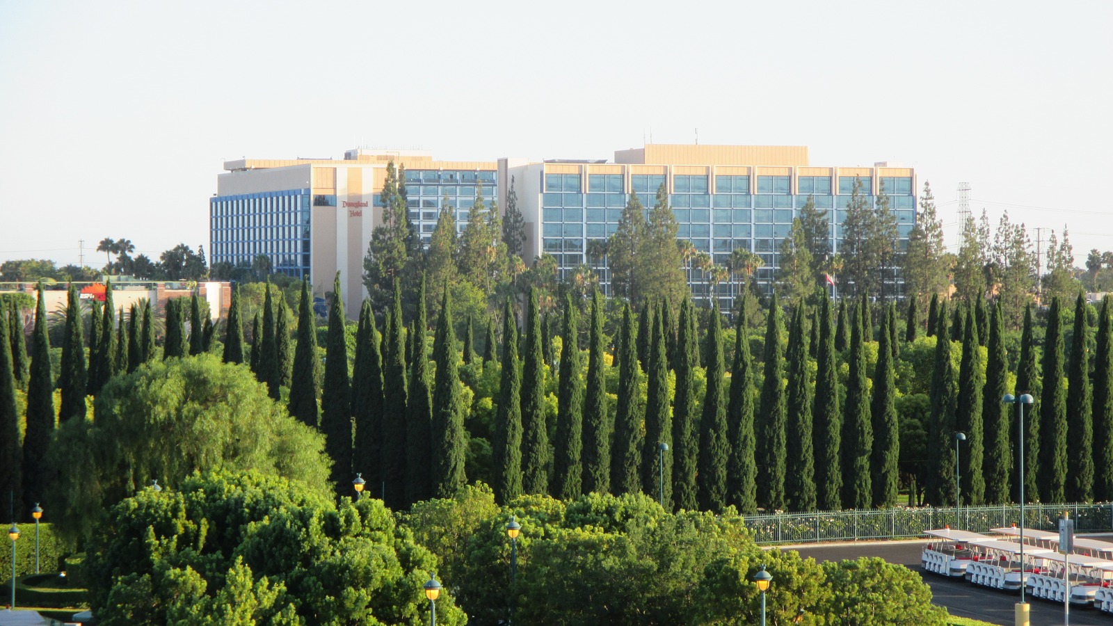 Disneyland Hotel towers and complex at Disneyland Resort in Anaheim under blue sky