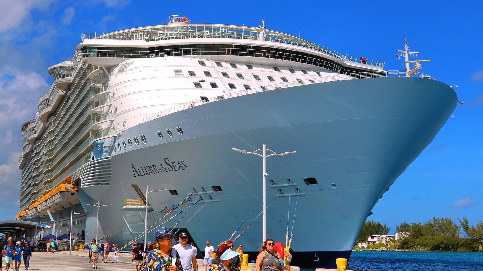 Allure of the Seas docked at Nassau with passengers on the pier