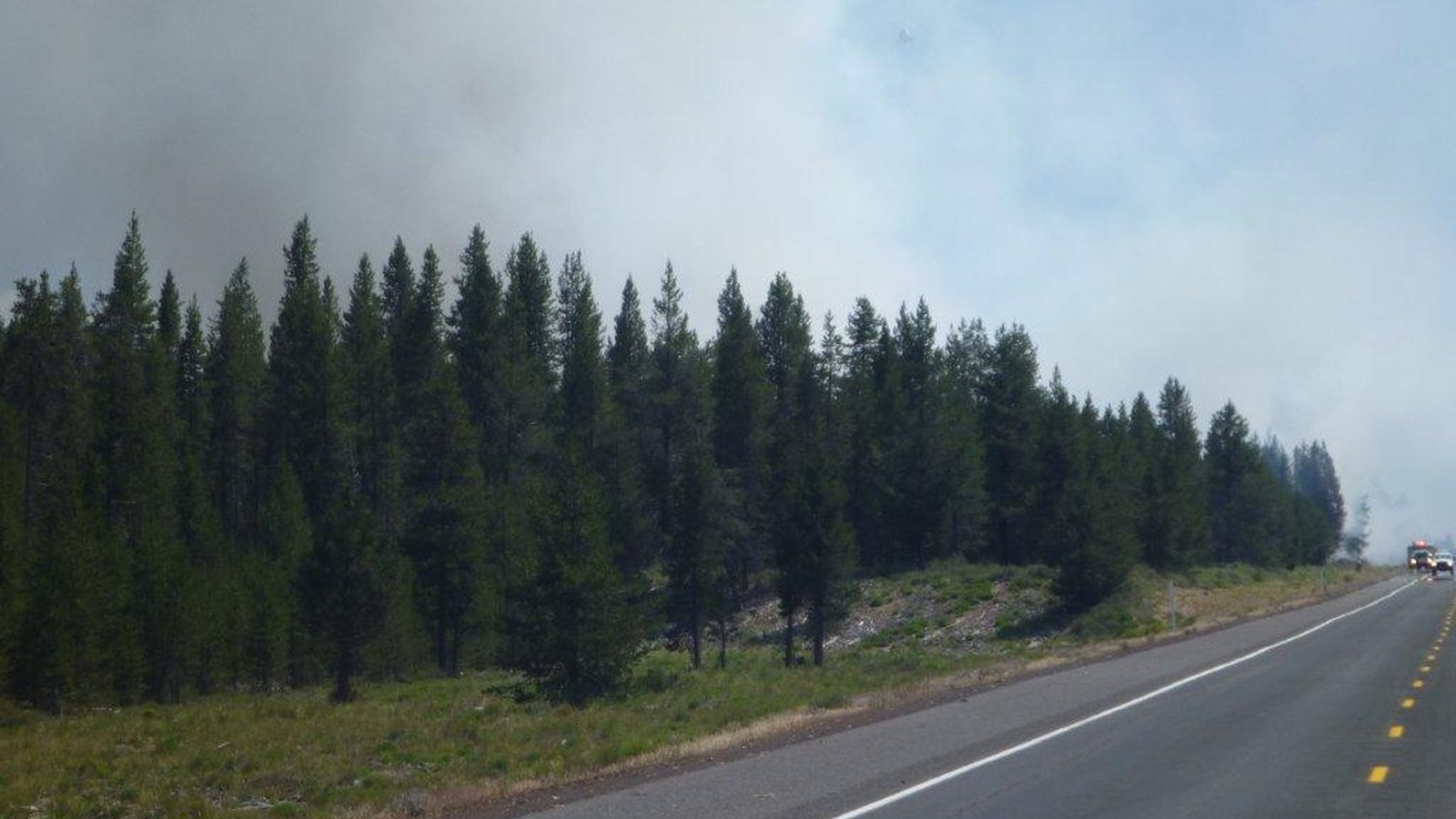 Smoke rising beside an Oregon highway lined with evergreen trees during wildfire activity