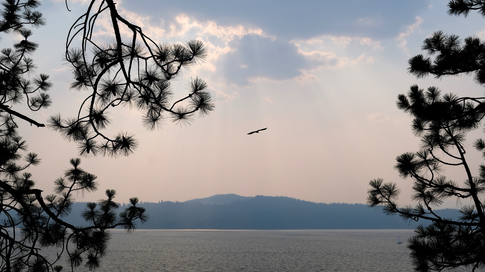 Wildfire haze over Lake Coeur d'Alene in North Idaho