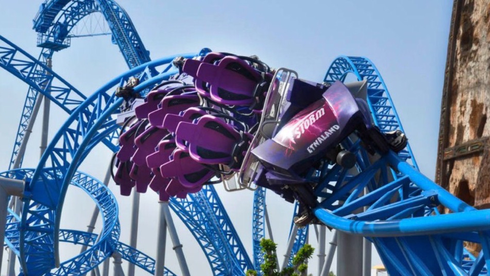 Storm roller coaster train on its blue track at Etnaland in Sicily
