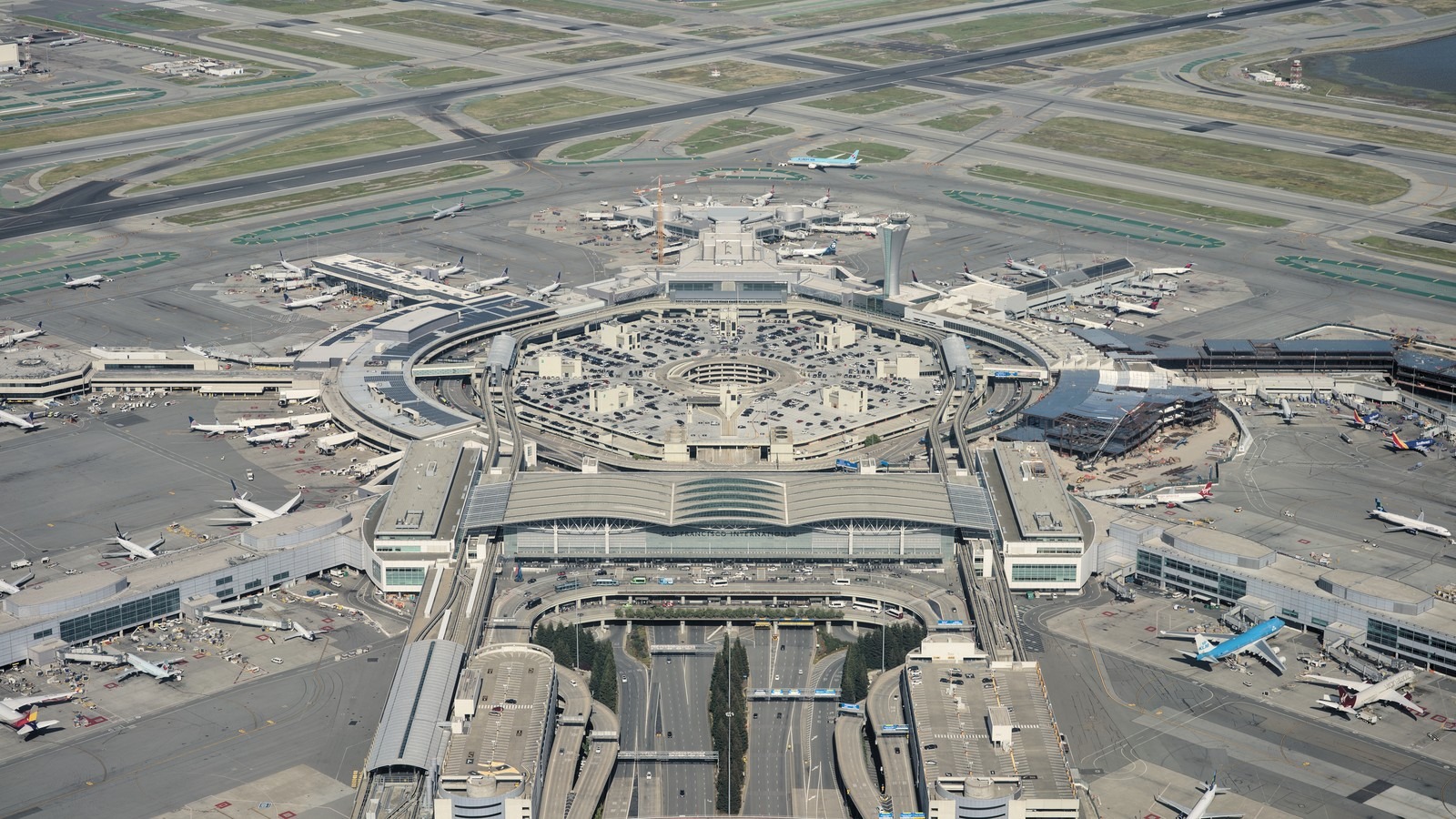 Aerial view of San Francisco International Airport terminals and runways