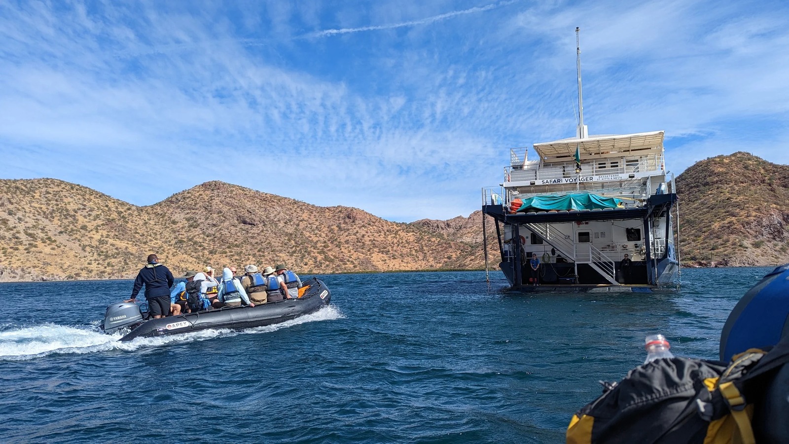 Safari Voyager expedition ship and an inflatable skiff in the Sea of Cortez
