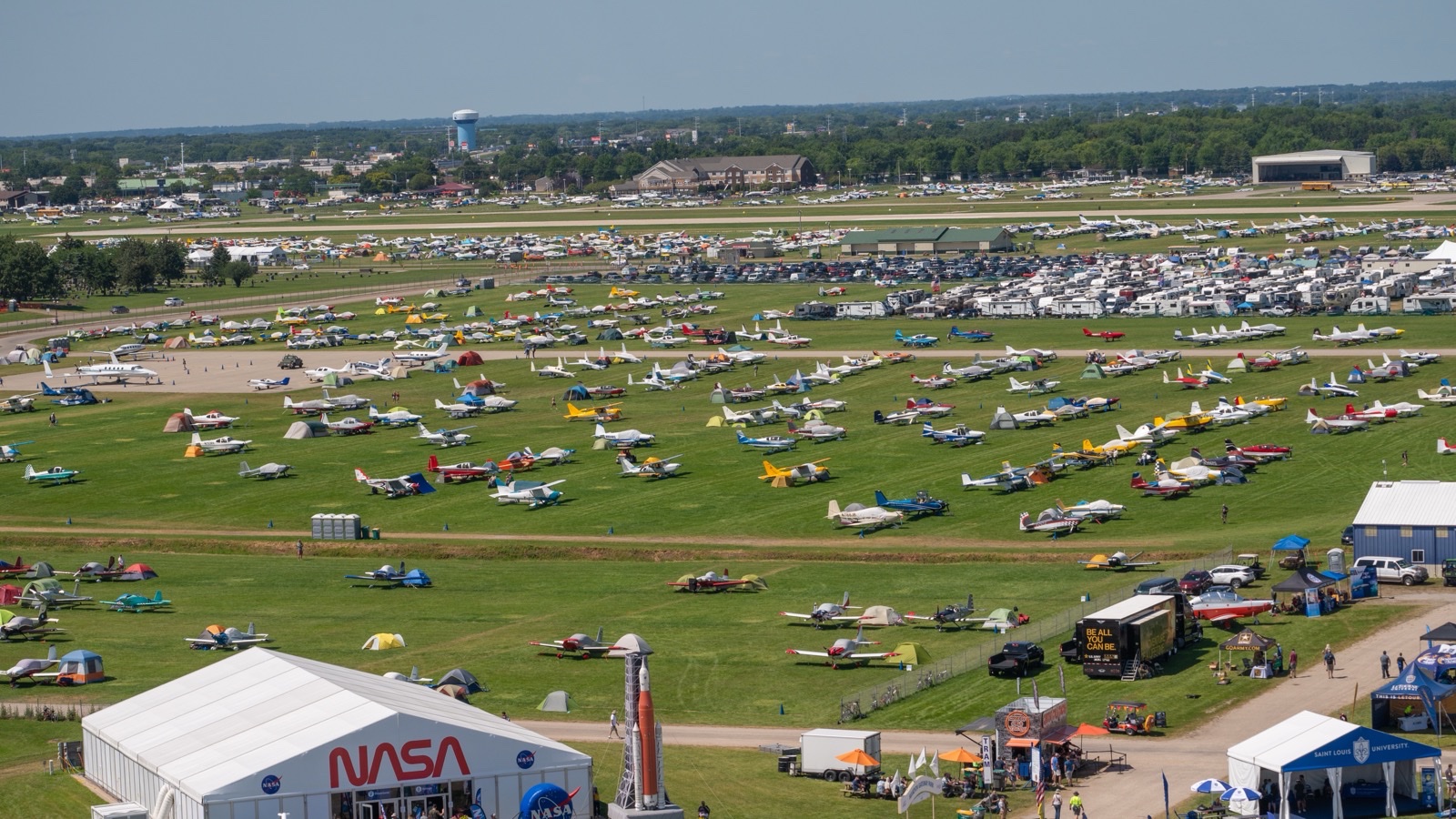 Hundreds of aircraft parked across the AirVenture grounds at Wittman Regional Airport in Oshkosh