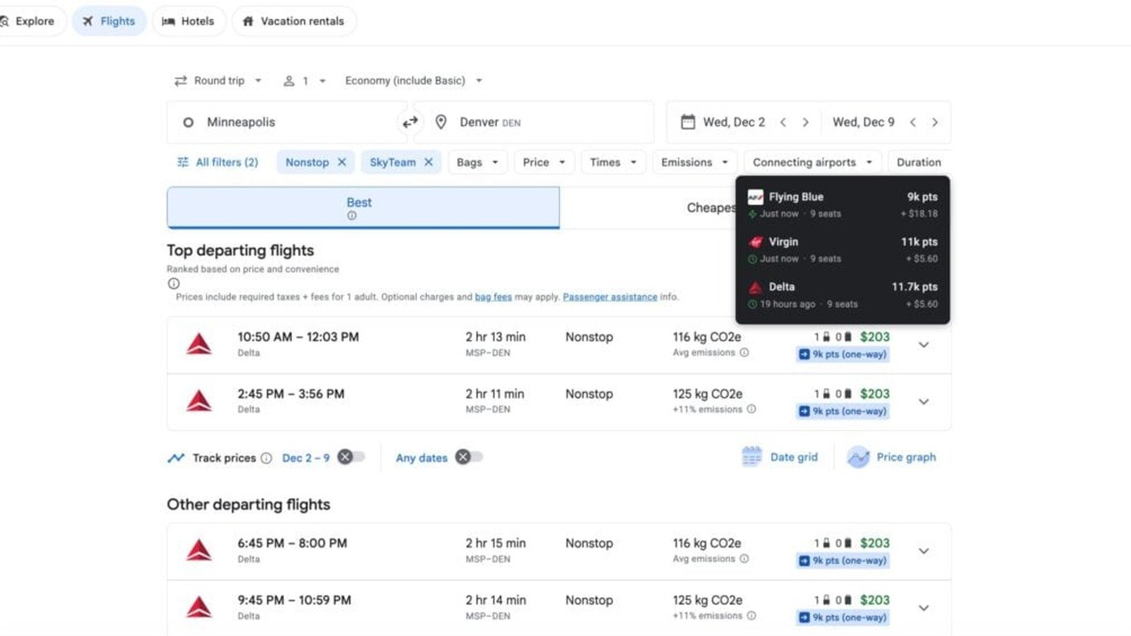 seats.aero Chrome extension showing award rates next to Google Flights cash fares