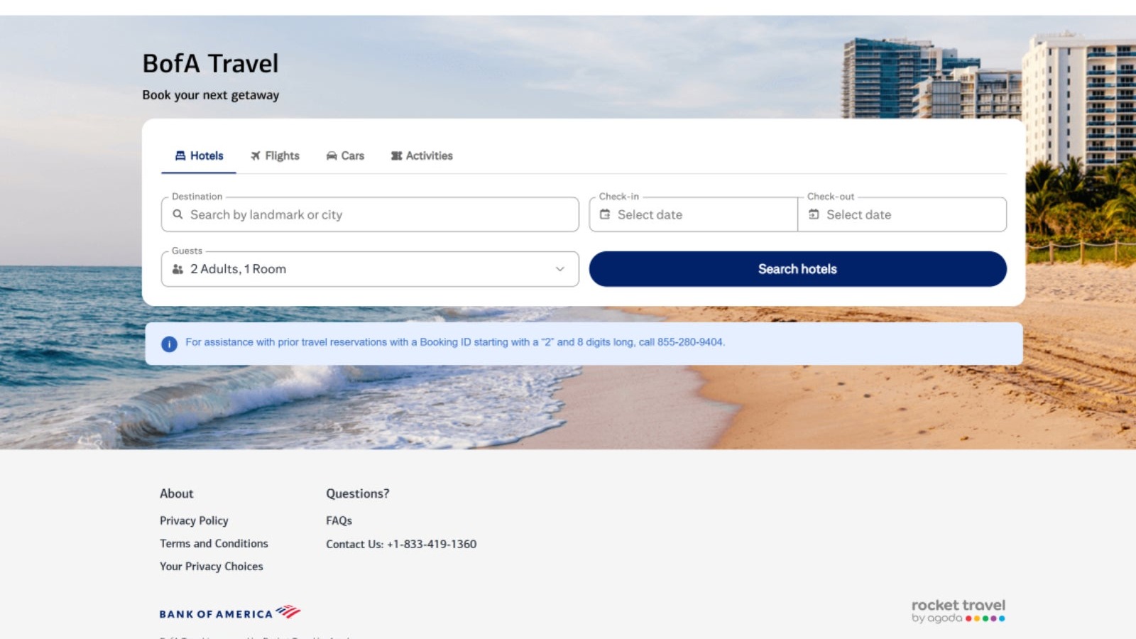 Bank of America Travel Center online search interface