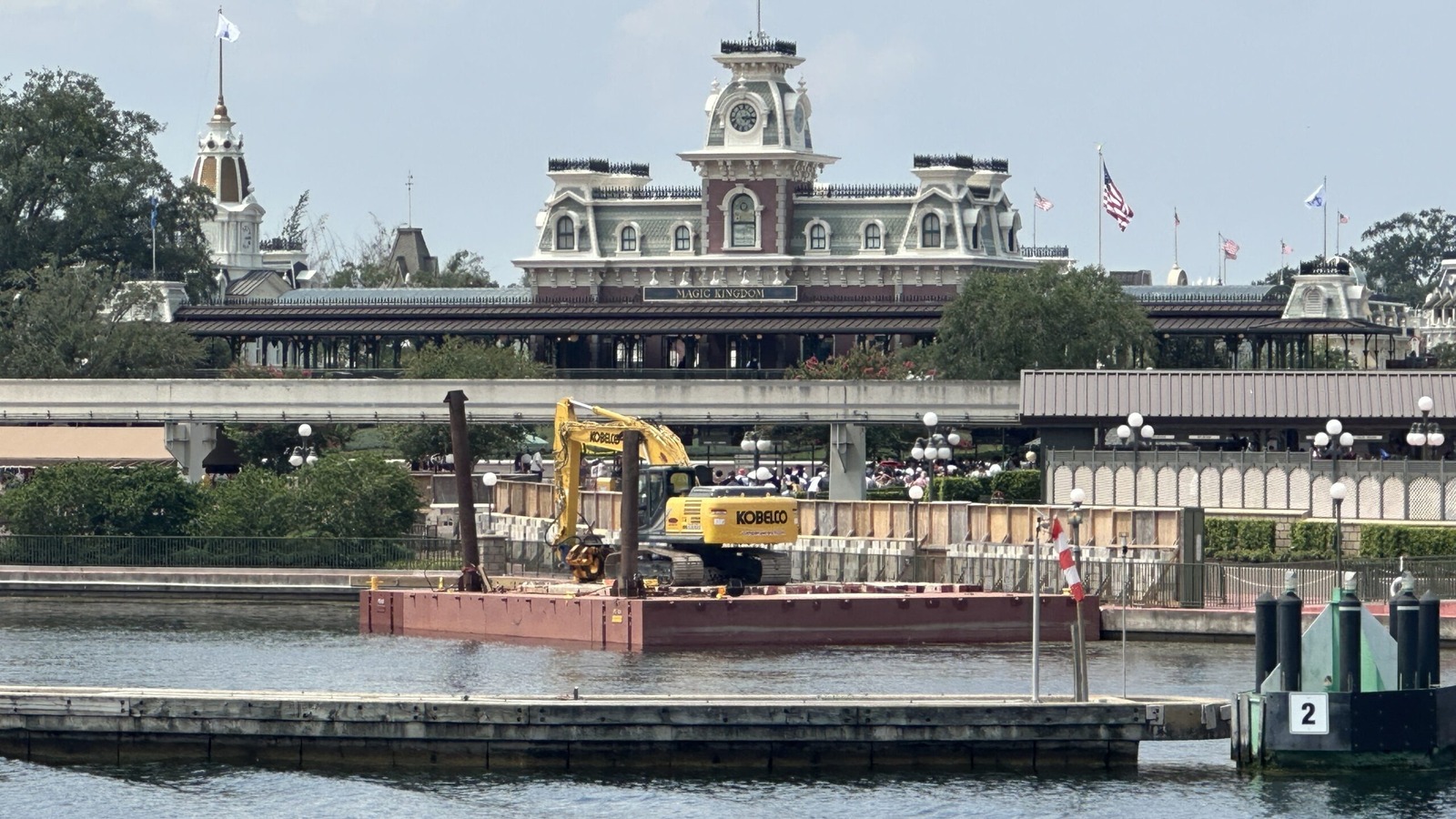 Floating construction platform and equipment at the Magic Kingdom ferryboat dock expansion