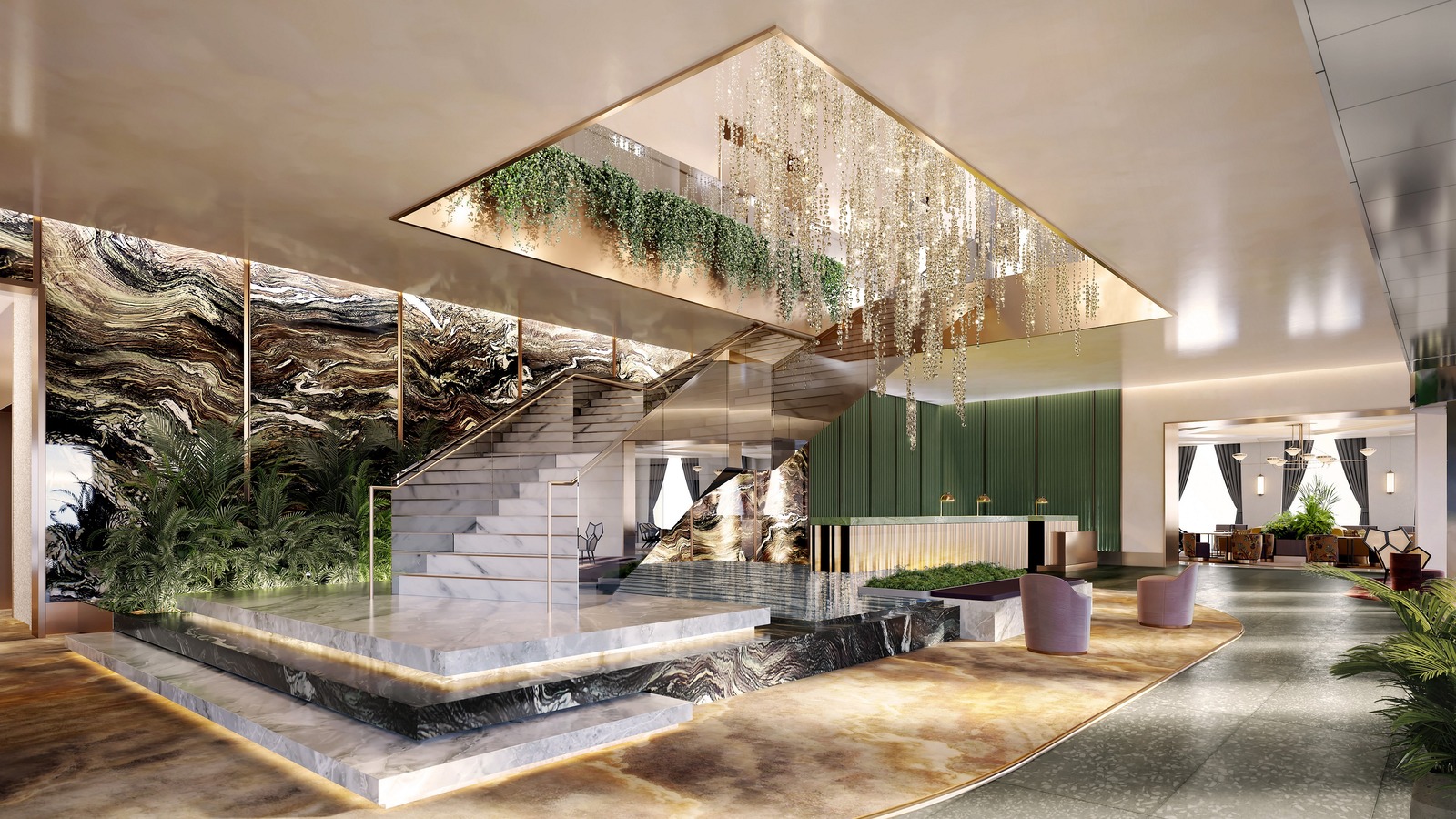 Fairmont New Orleans lobby with marble staircase, crystal chandelier, and reception desk