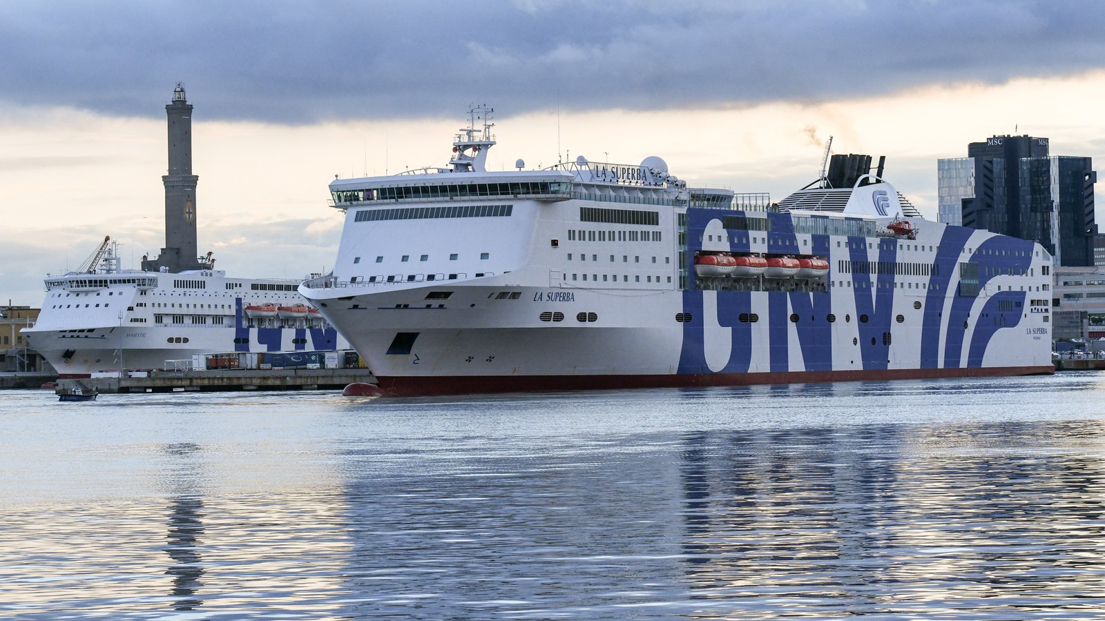 Grandi Navi Veloci ferry La Superba docked at Genoa with visible GNV livery