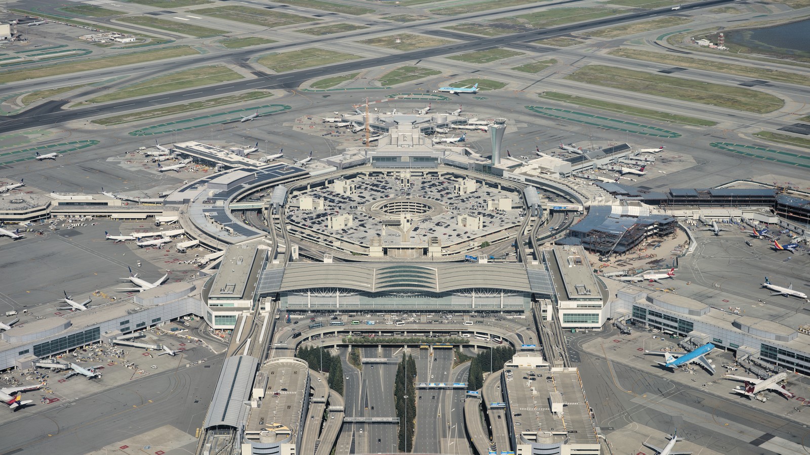 Aerial view of San Francisco International Airport terminals and runways
