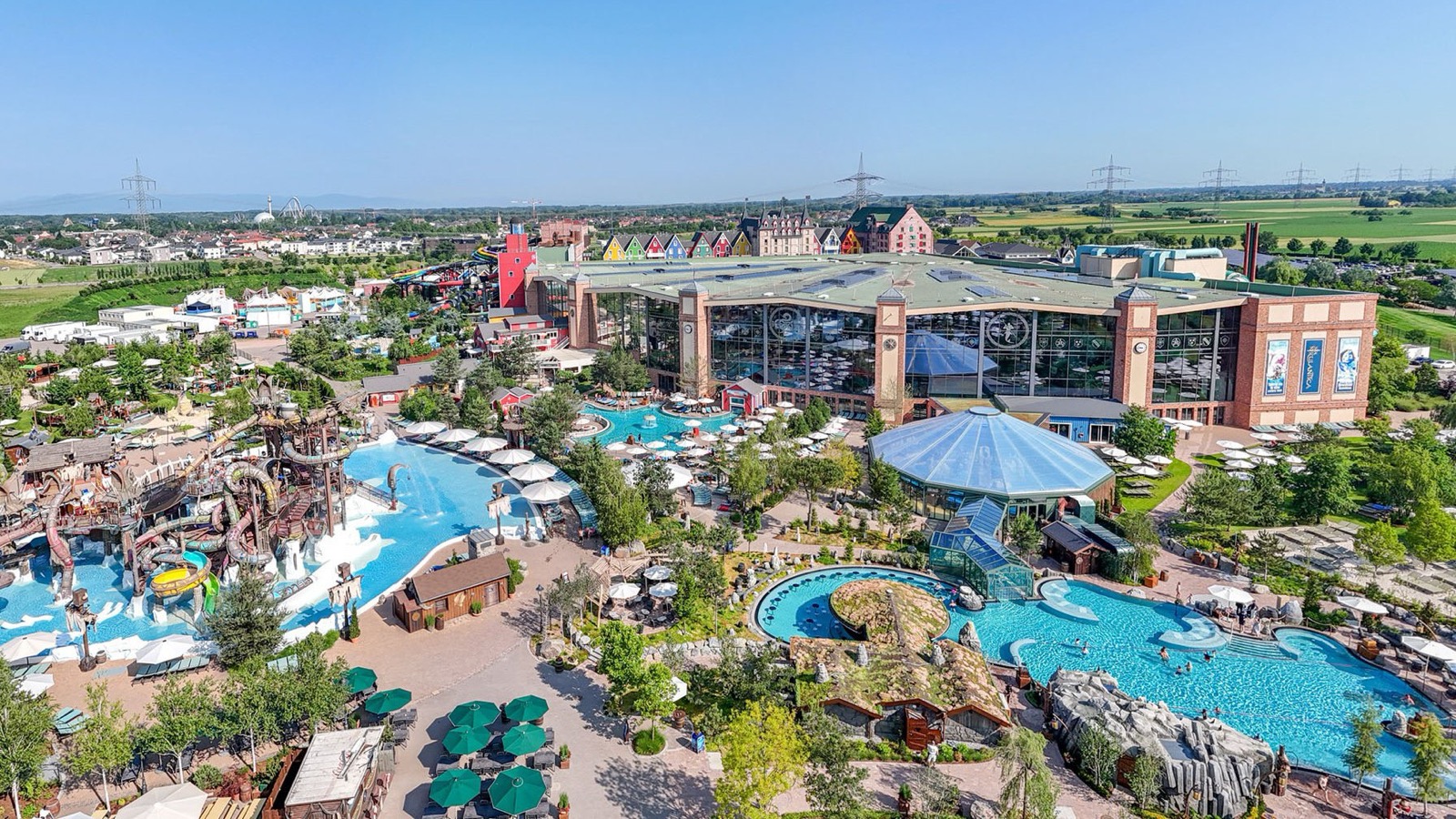 Aerial view of Rulantica water park and its outdoor pools in Rust, Germany