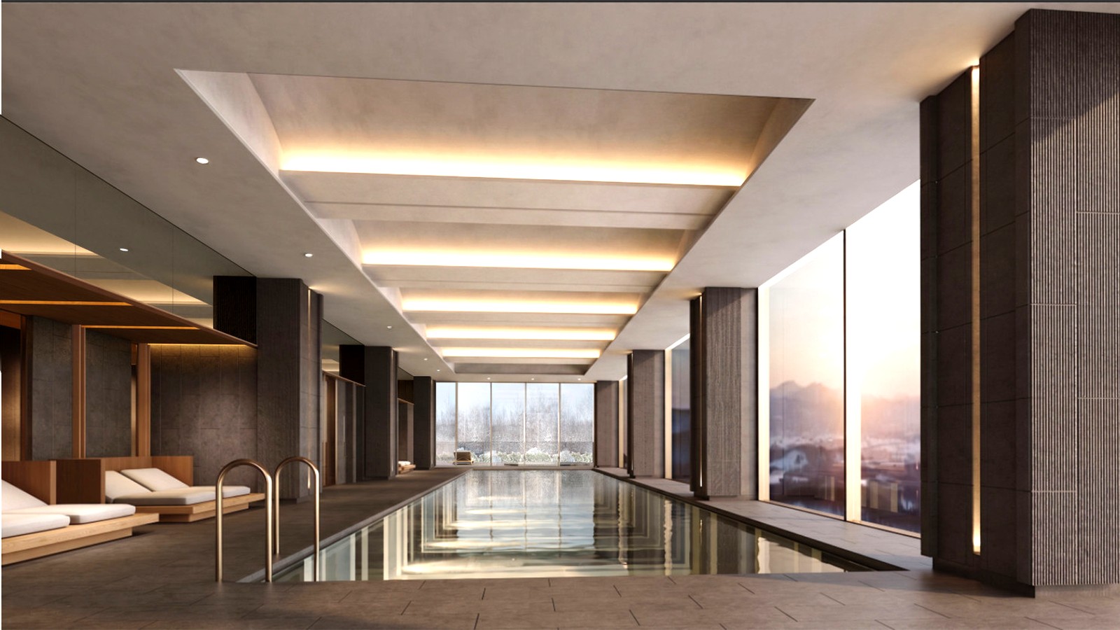 Architectural rendering of a Fairmont Niseko outdoor pool terrace with forested mountain views