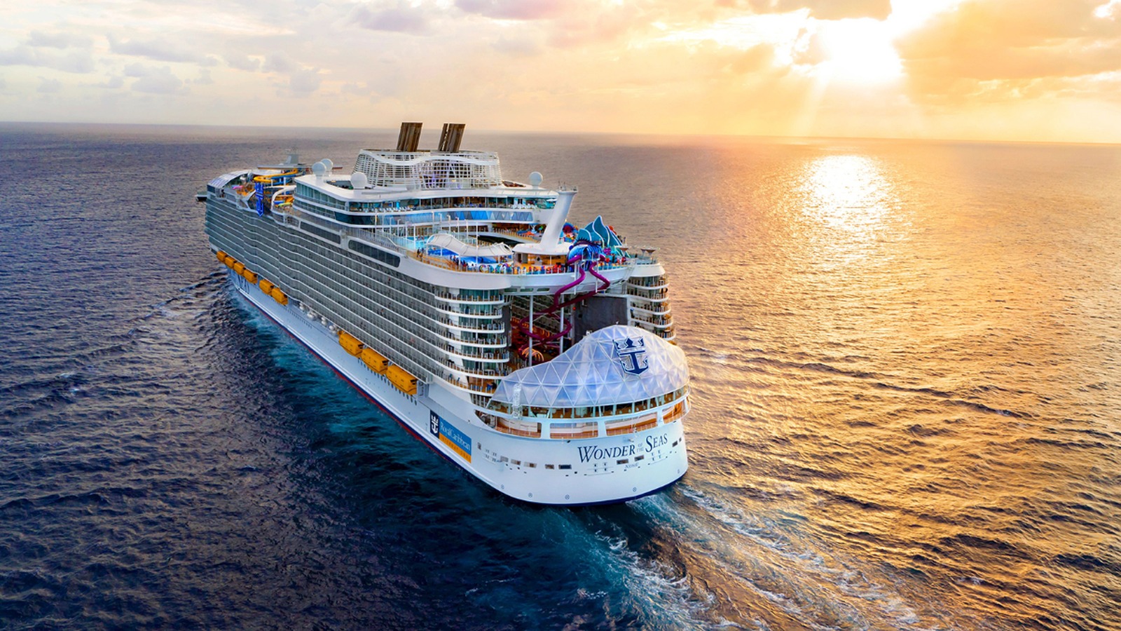 Aerial view of Royal Caribbean Wonder of the Seas underway at sea