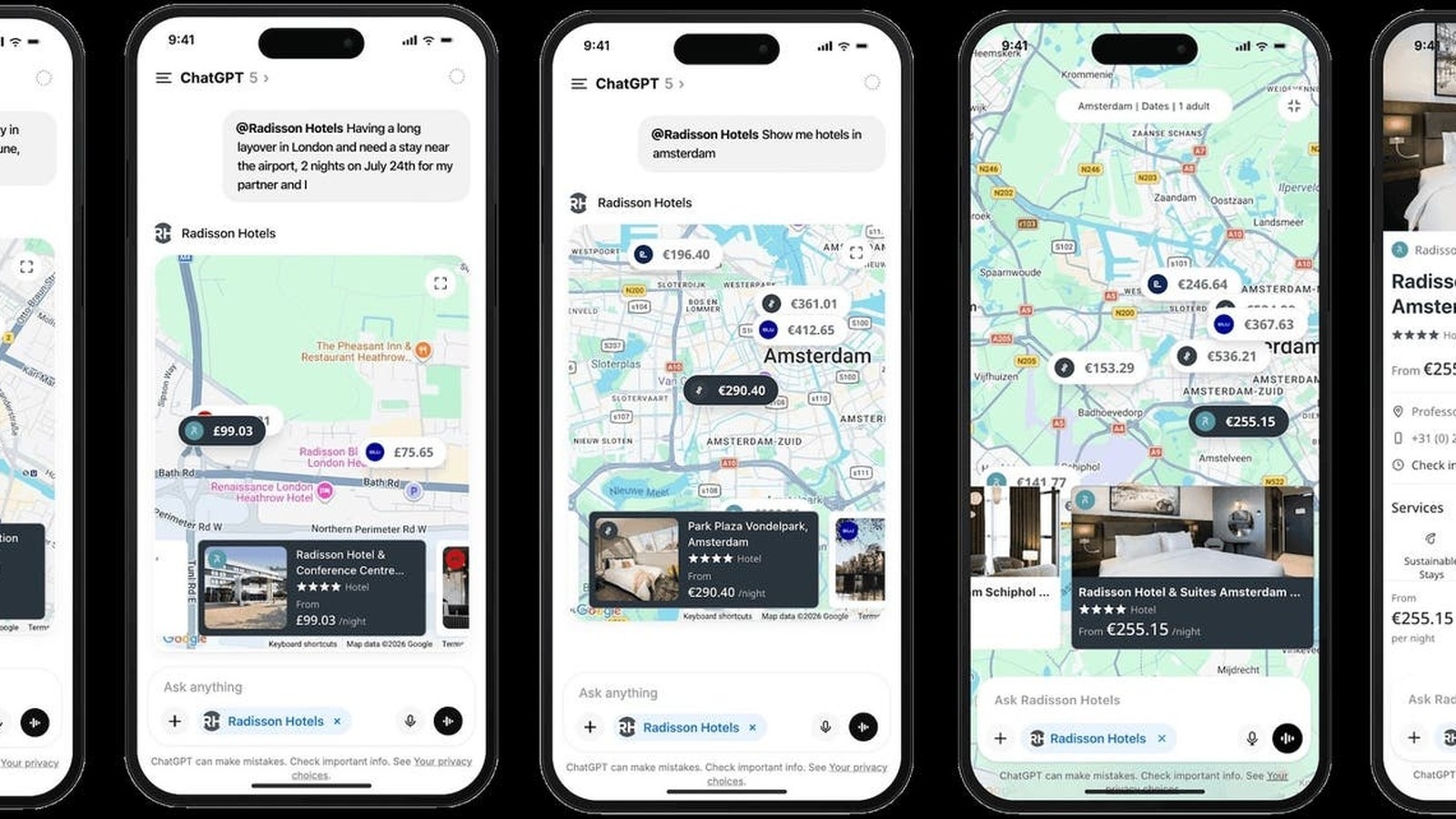 Smartphone screens showing the Radisson Hotels ChatGPT app with live hotel maps rates and property cards
