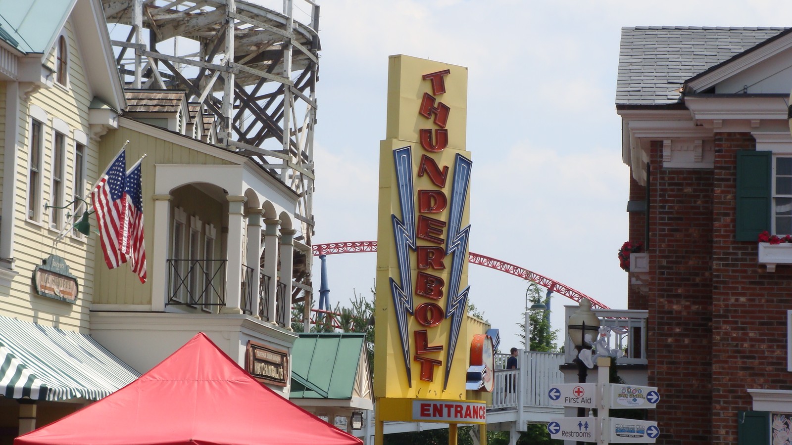 Thunderbolt coaster entrance area at Six Flags New England representing the park closed early for weather on July 28 2026