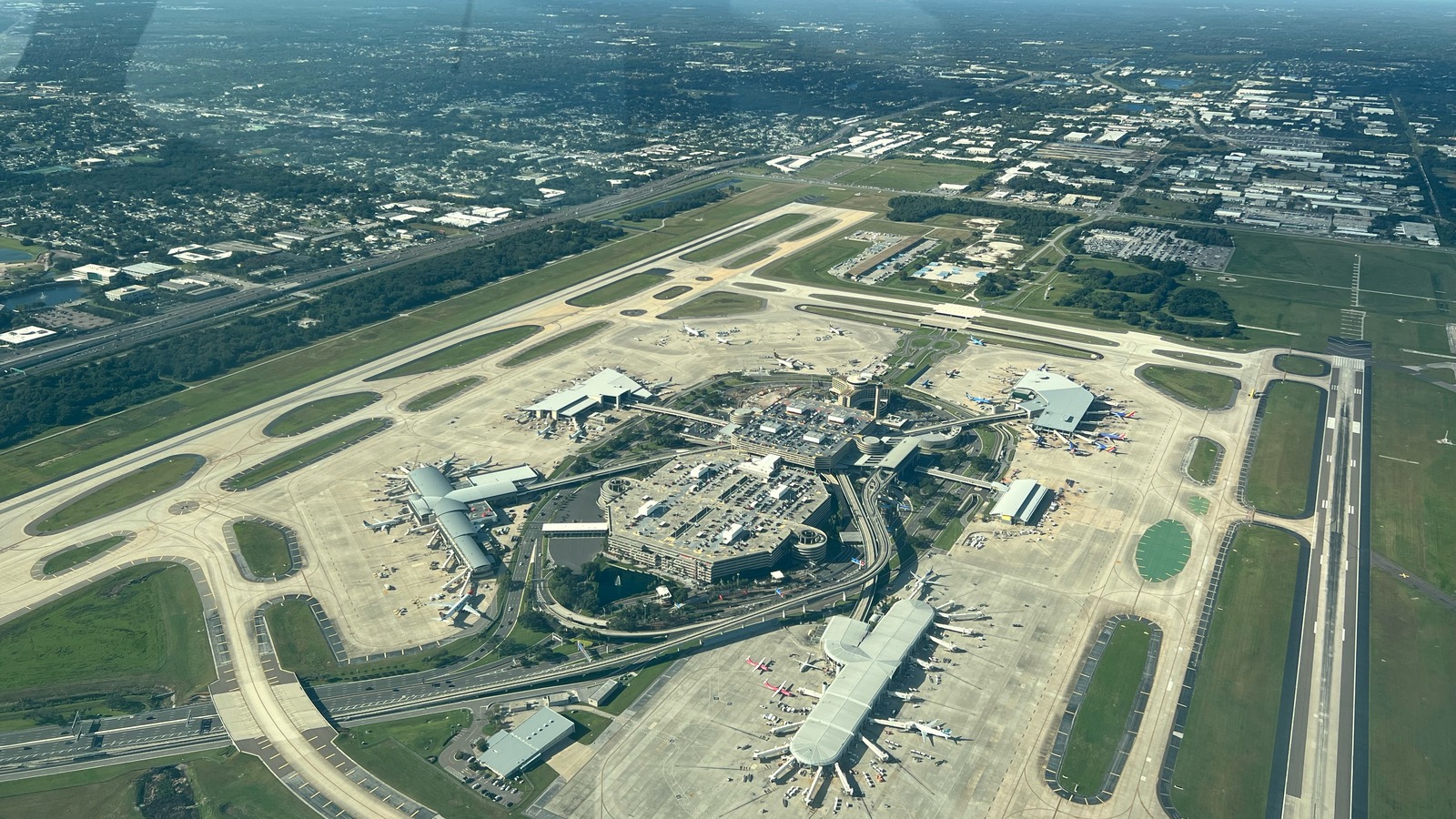 Aerial view of Tampa International Airport and its central terminal