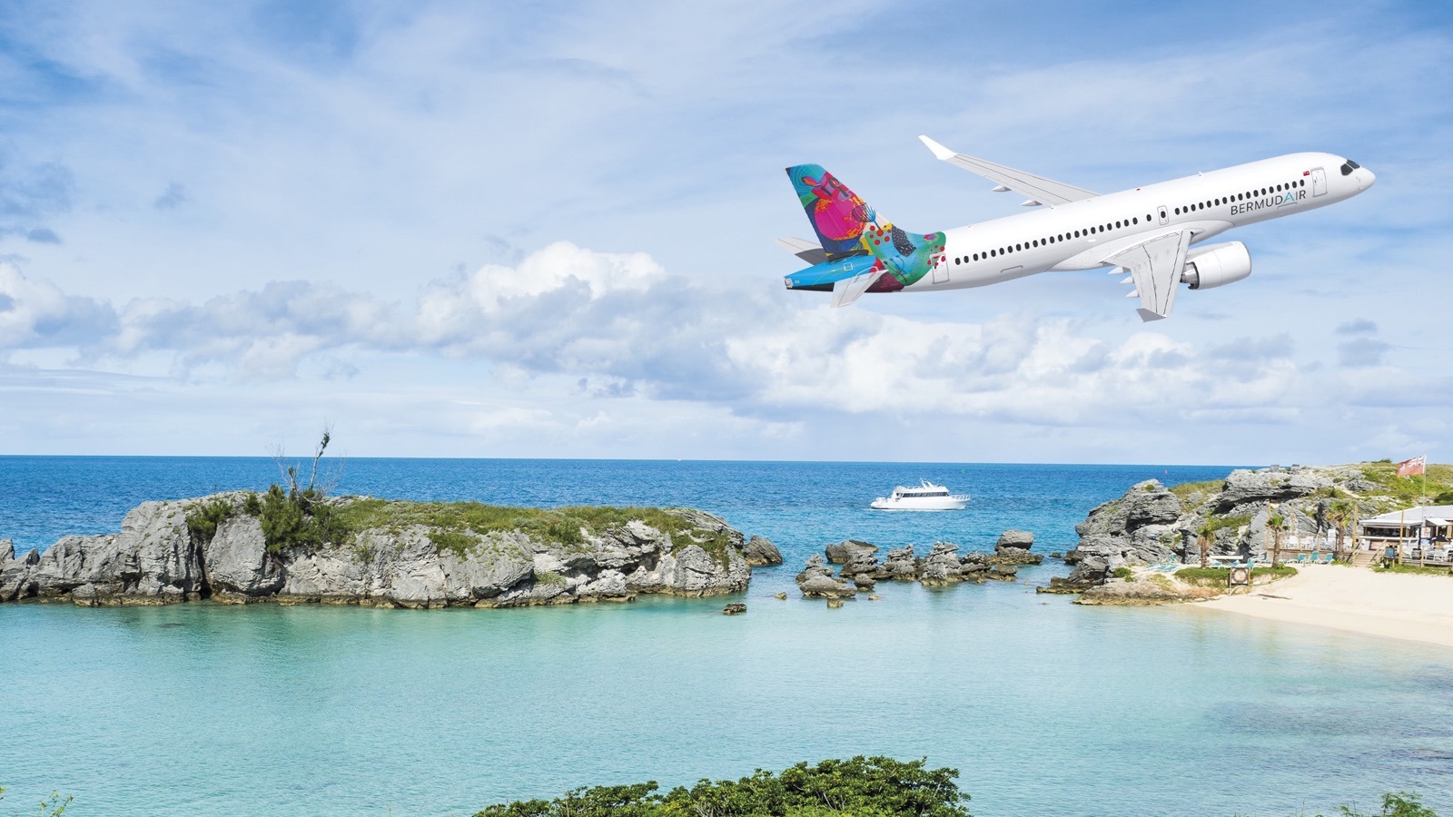 Rendering of a BermudAir Airbus A220-300 flying above Bermuda's coast