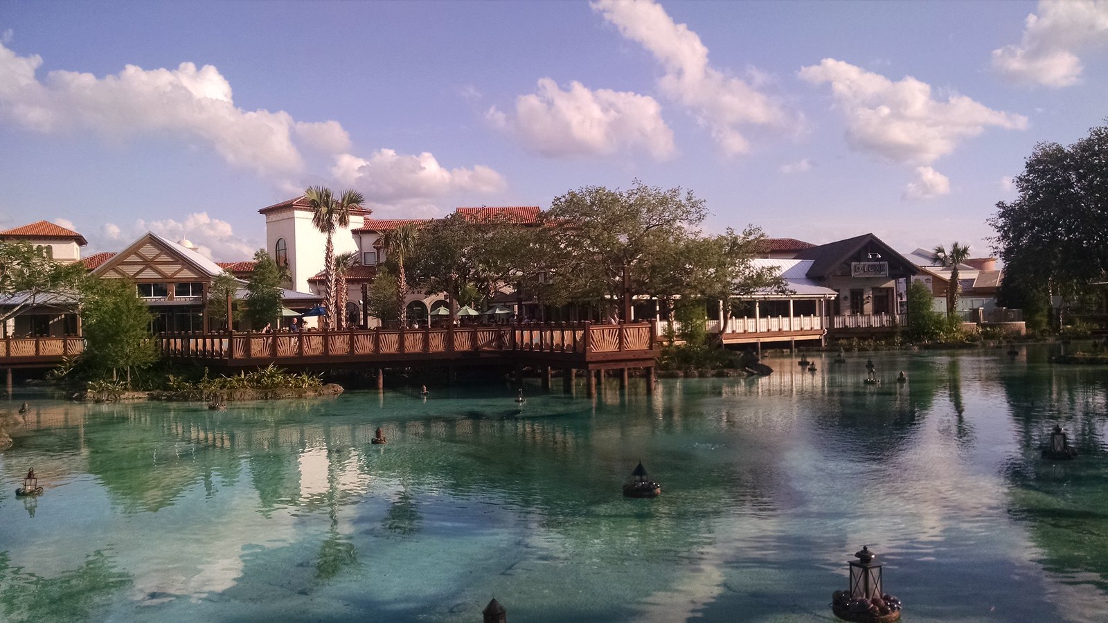 Disney Springs Town Center district buildings and waterfront path