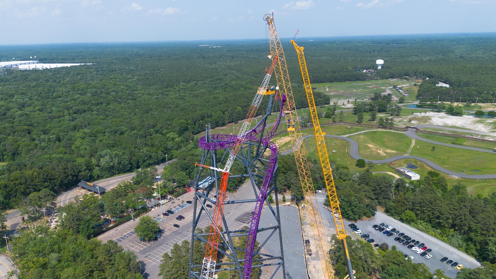 Project Purple purple steel coaster structure rising over Six Flags Great Adventure under construction