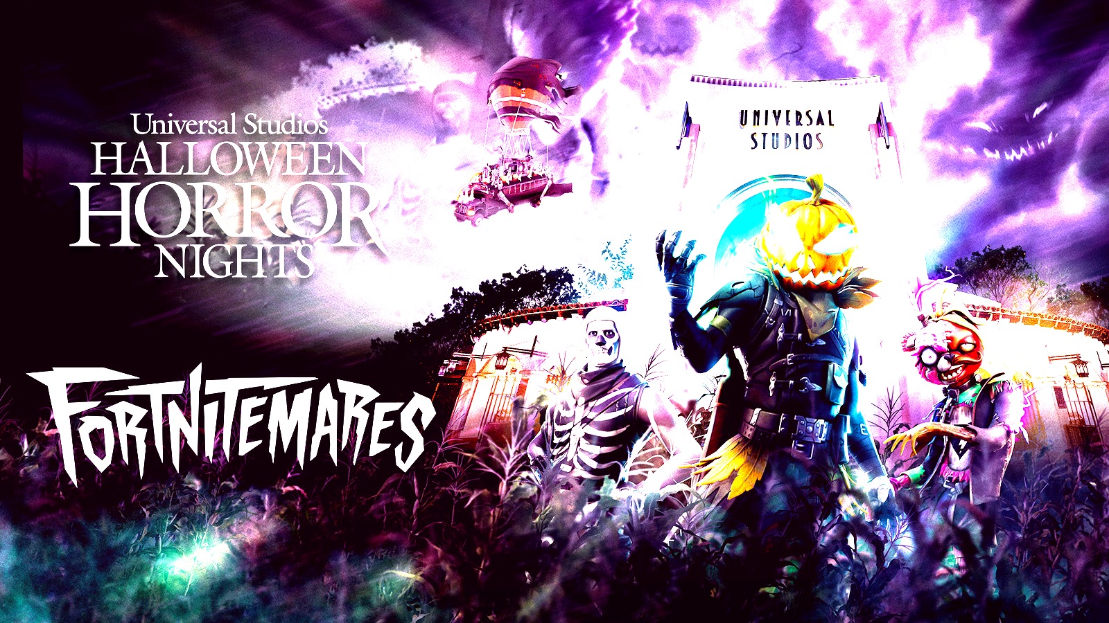 Fortnitemares Halloween Horror Nights promotional art with pumpkin-headed scare character Battle Bus and Universal Studios arch