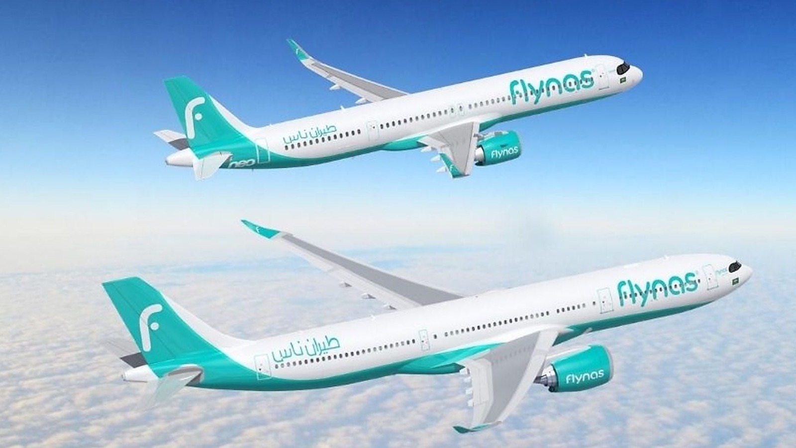 Renderings of flynas Airbus A321neo and A330-900 aircraft above clouds