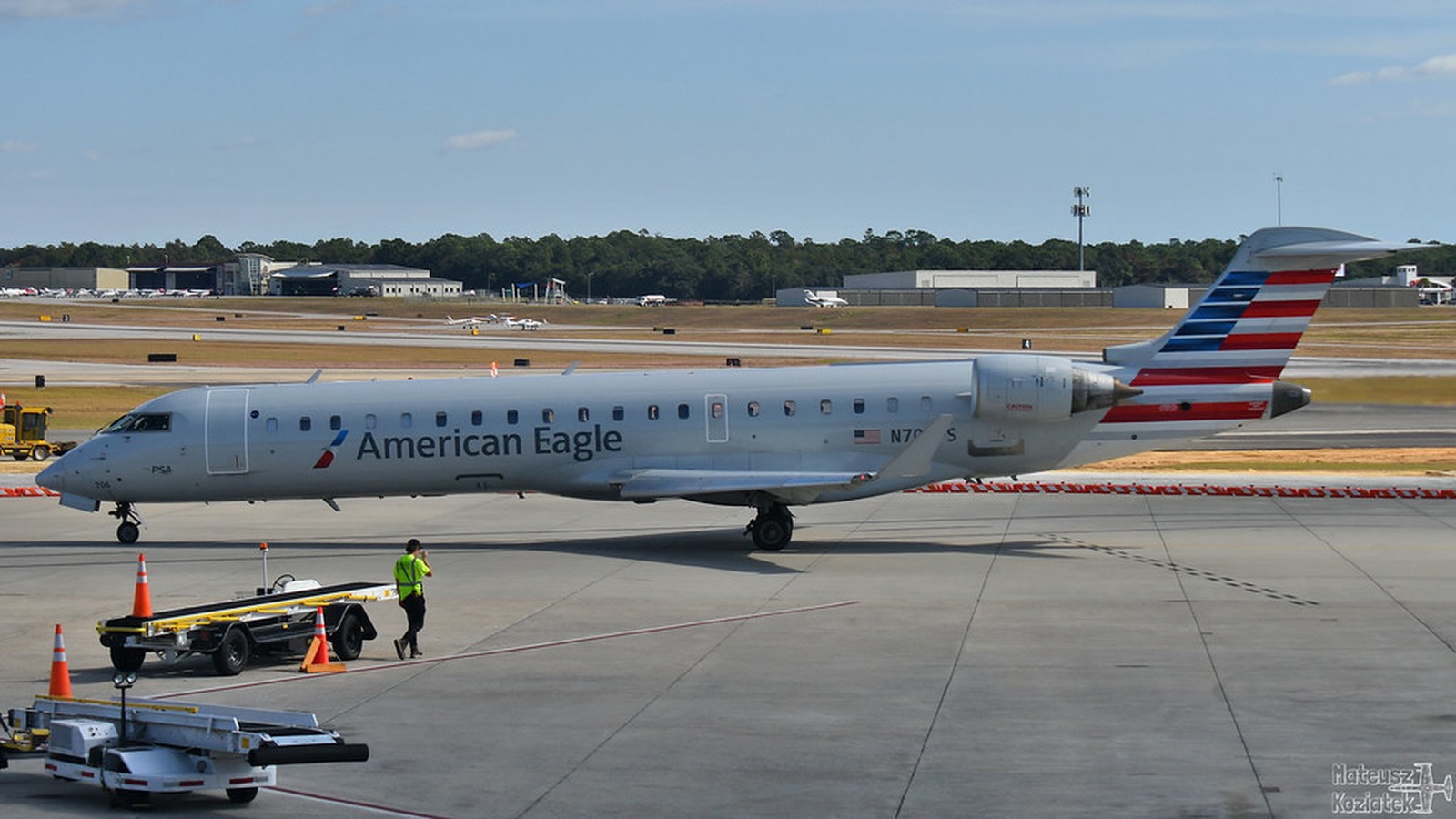 American Eagle Bombardier CRJ-700 regional jet on the ground