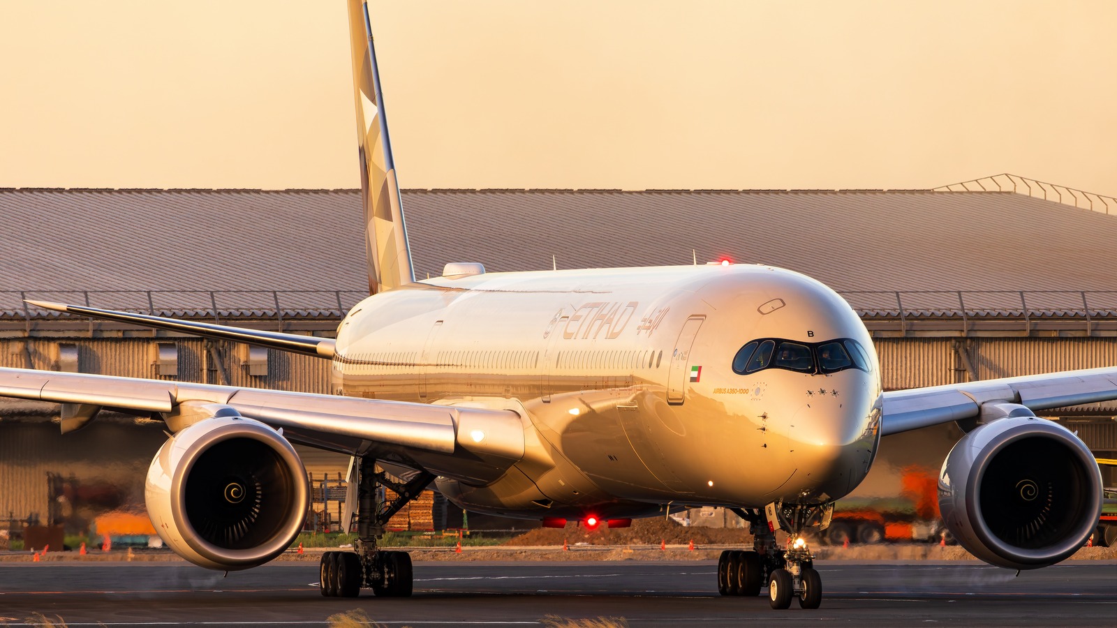 Etihad Airways Airbus A350 jet on the taxiway with visible Etihad titles and geometric tail livery