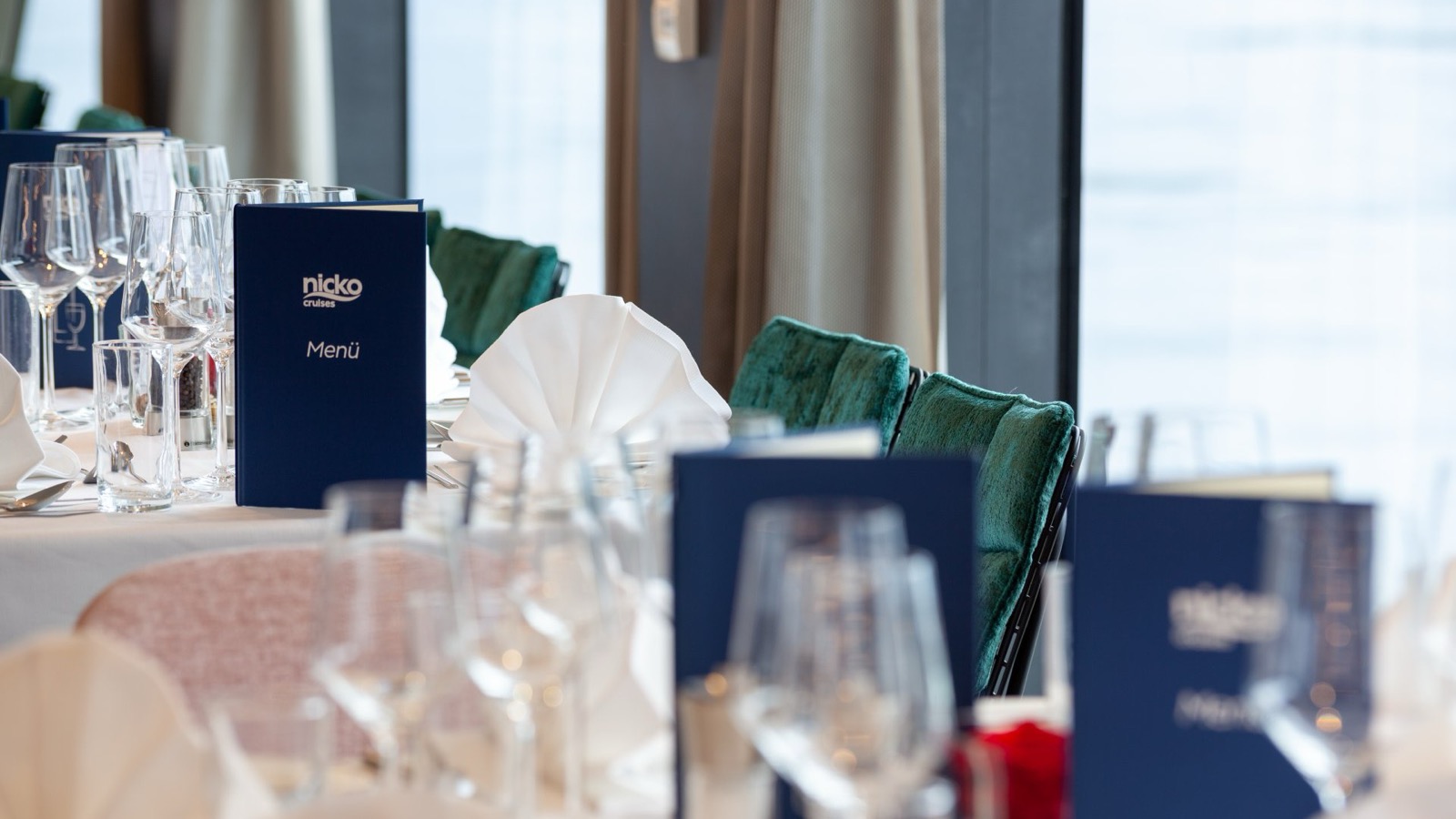 Restaurant tables set for guests aboard the Nicko Cruises river ship nickoSPIRIT