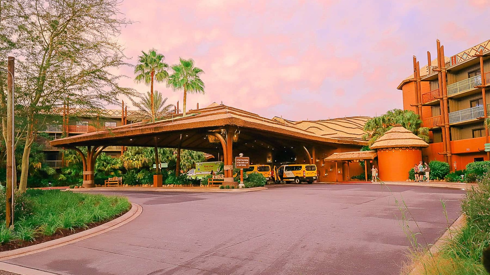 Daylight porte cochere and African lodge architecture at Disney Animal Kingdom Villas Kidani Village