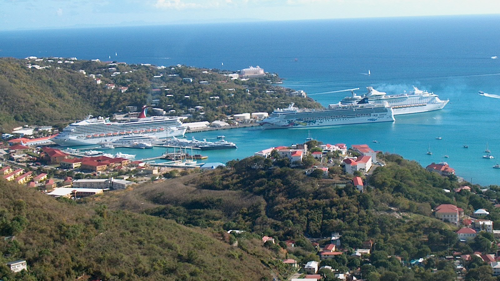 Cruise ships berthed in Charlotte Amalie Harbor at St Thomas in the US Virgin Islands