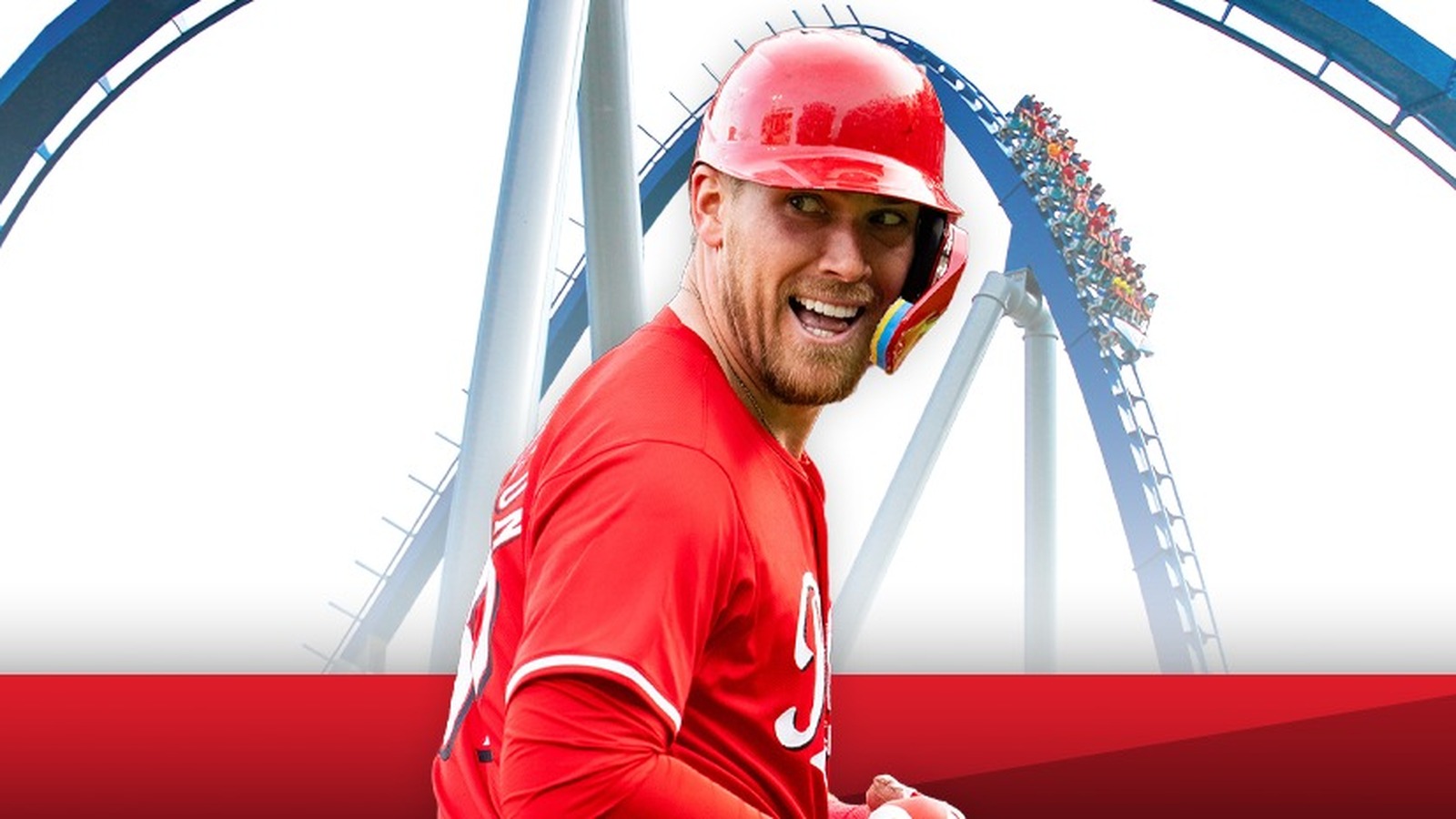 Cincinnati Reds player and Kings Island coaster graphic for Reds Fan Day