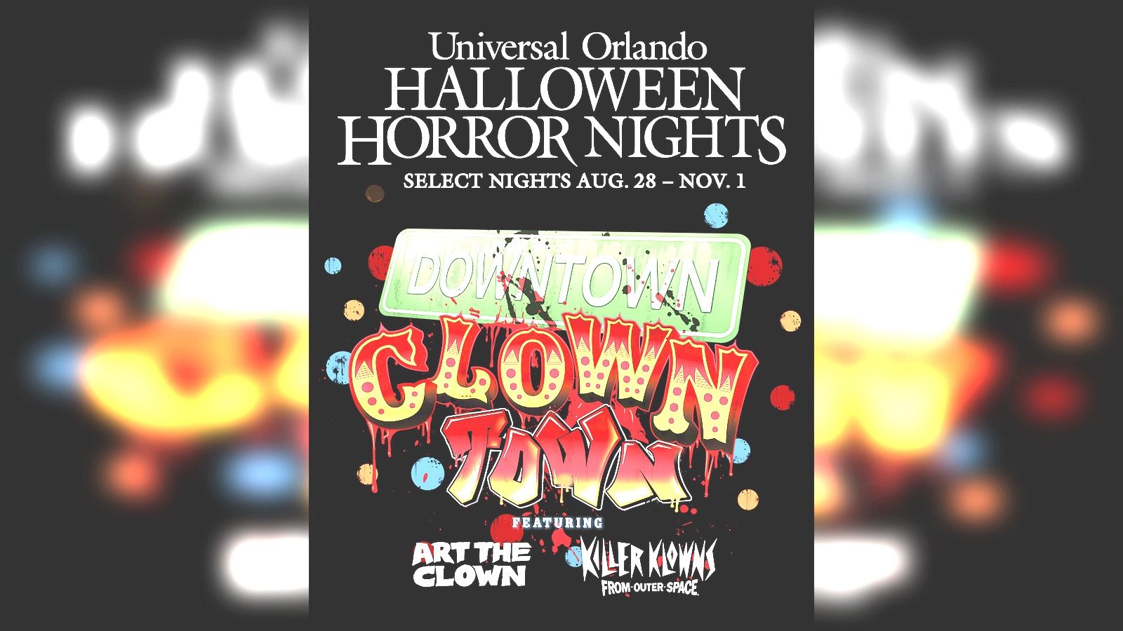 Official Downtown Clowntown key art for Halloween Horror Nights 35 featuring Art the Clown and Killer Klowns
