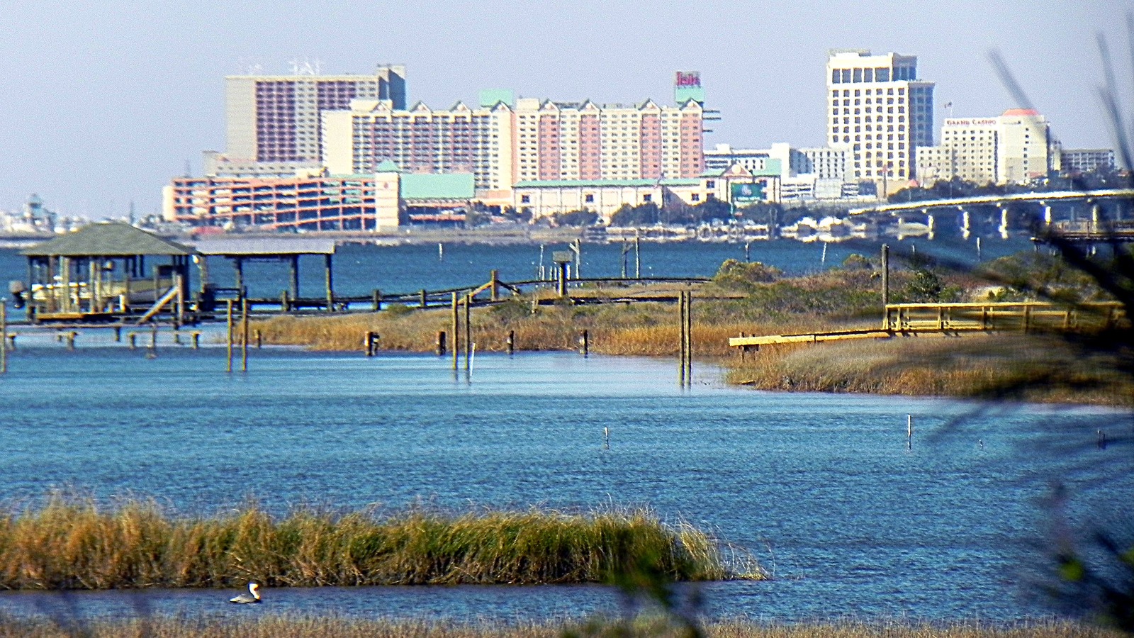 Biloxi Mississippi Gulf Coast skyline across water and marsh