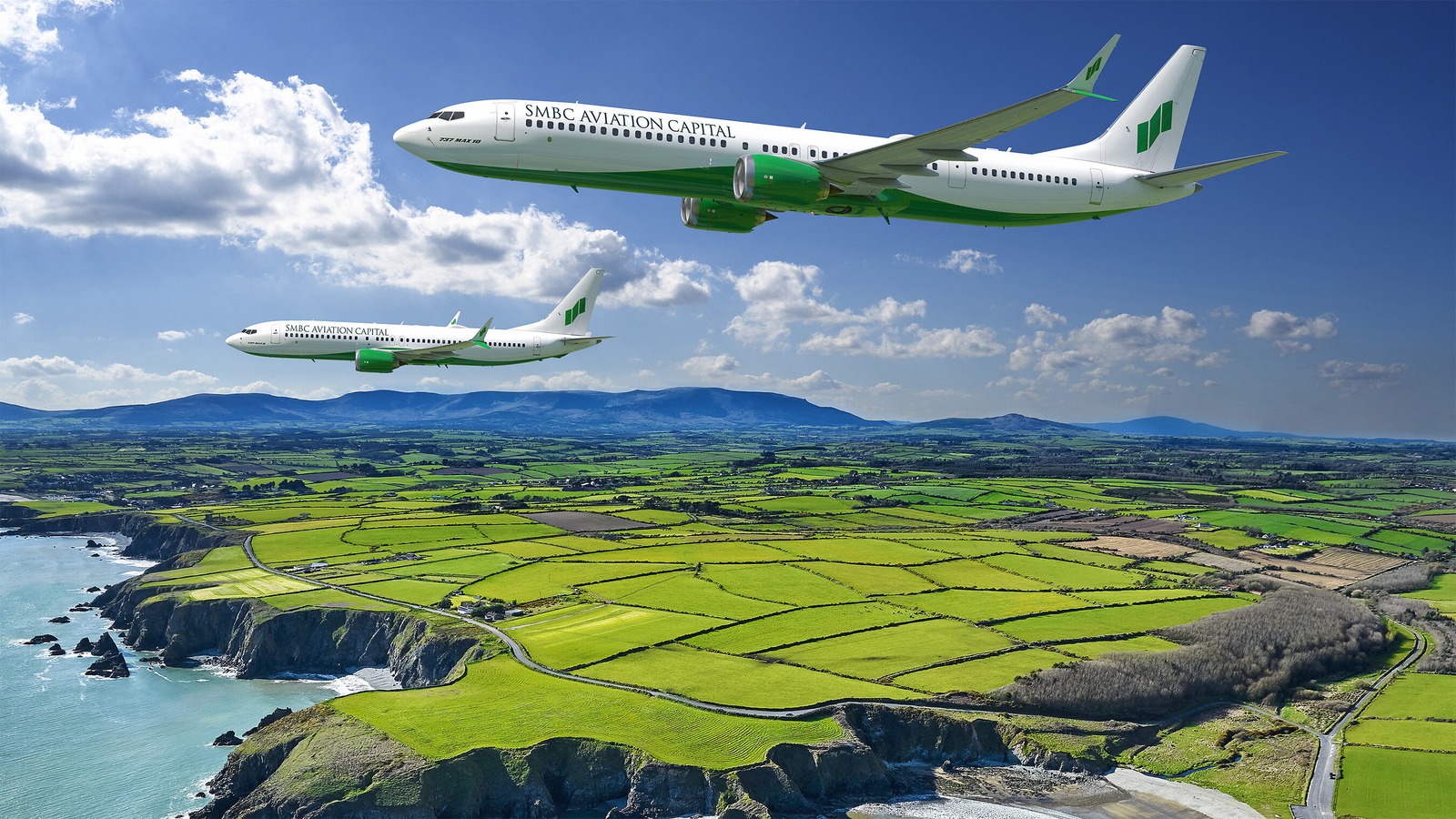 SMBC Aviation Capital Boeing 737 MAX 10 aircraft rendering over green coastal landscape