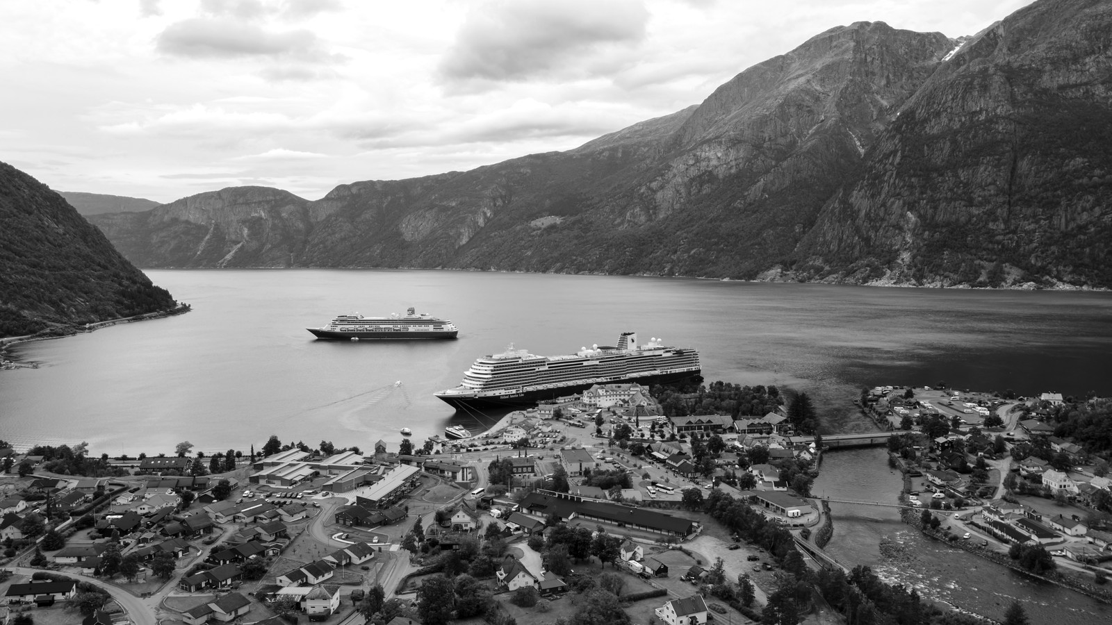 Cruise ships MS Rotterdam and Bolette at Eidfjord on Hardangerfjord in Norway