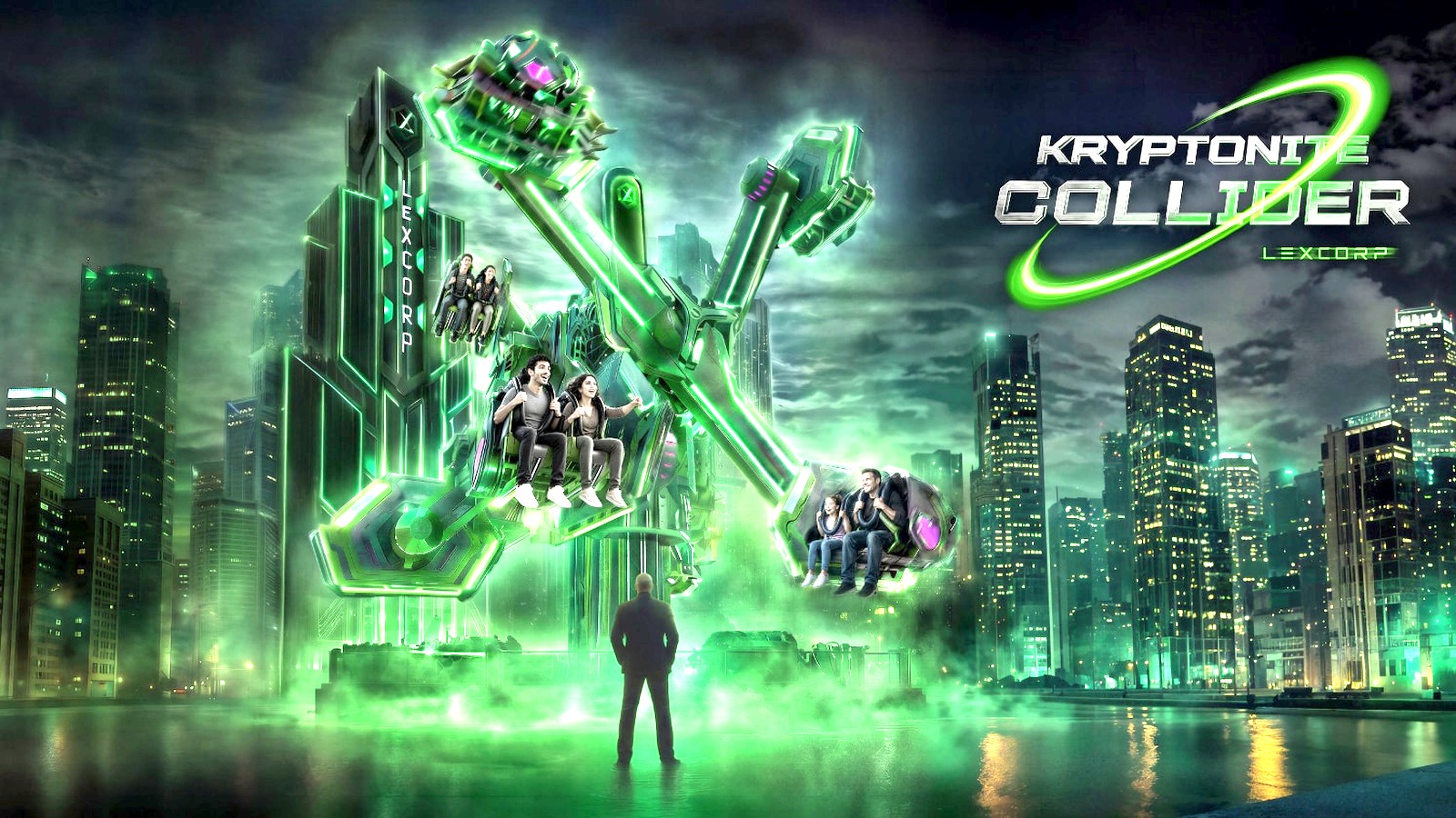 Official Kryptonite Collider ride artwork at Warner Bros. World Yas Island showing the LexCorp centrifuge thrill vehicles
