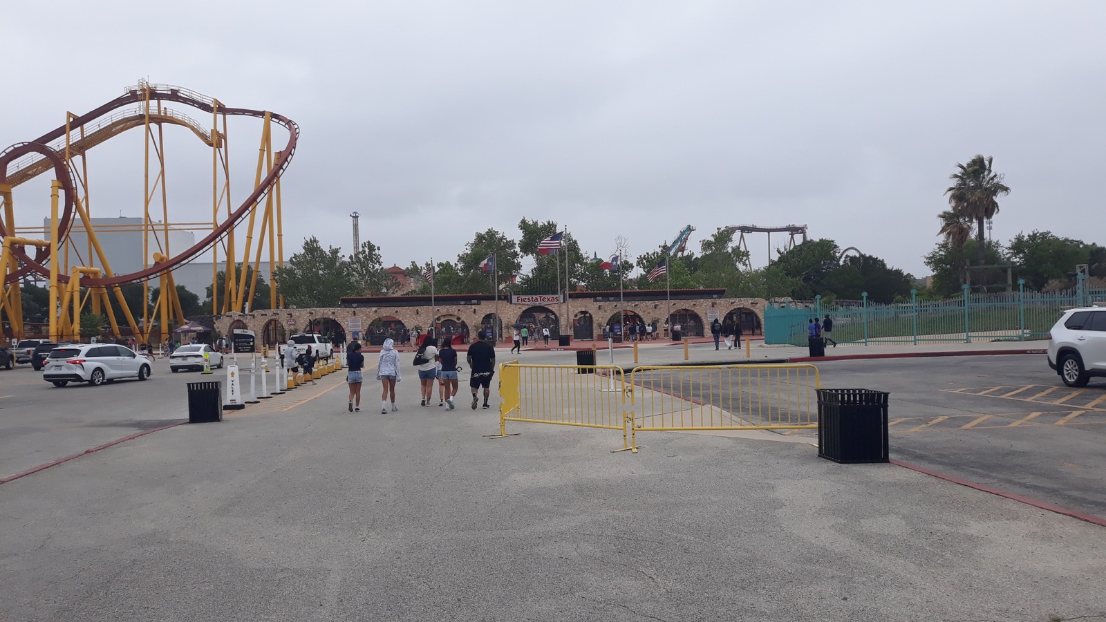 Six Flags Fiesta Texas entrance and roller coasters in San Antonio