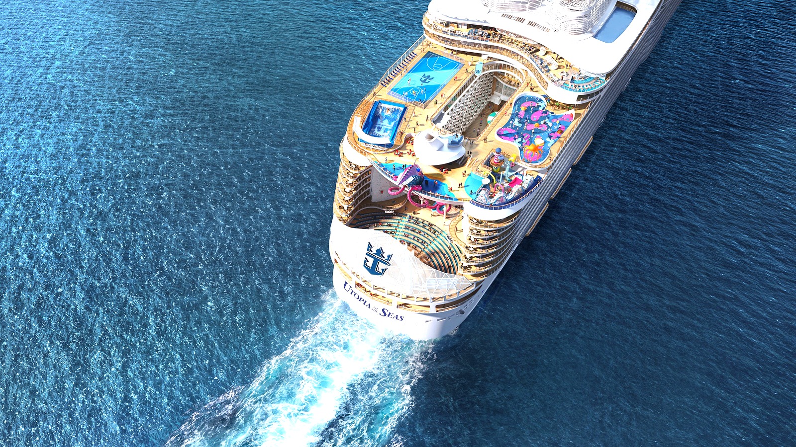 Utopia of the Seas sailing aft view on open ocean in daylight