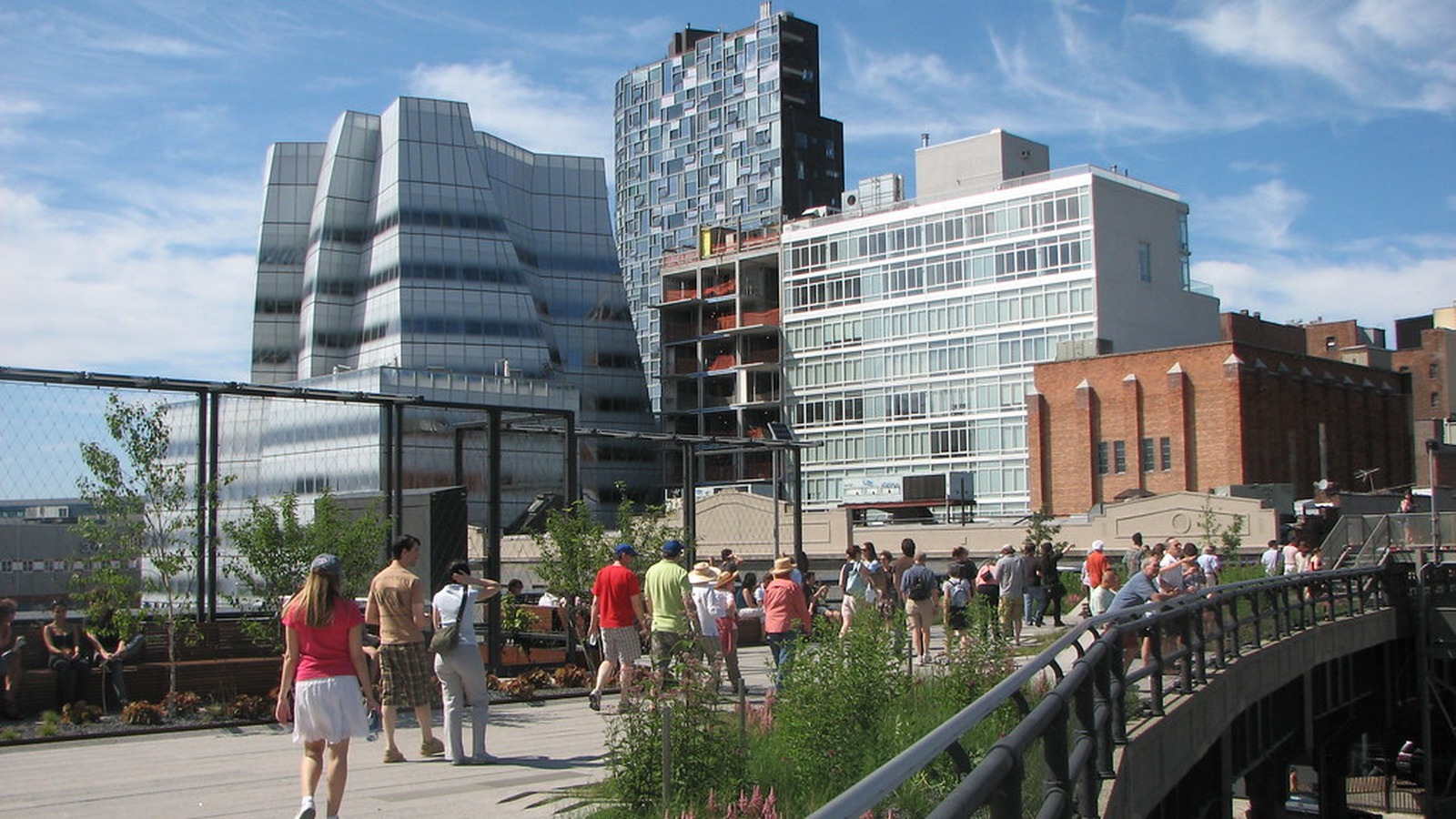 High Line Park walkway and buildings in New York City on a bright day