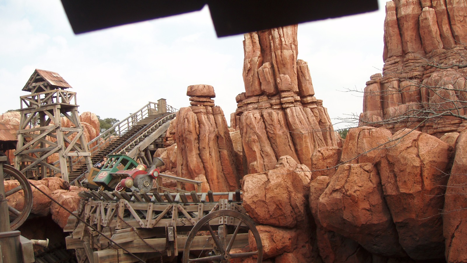 Big Thunder Mountain Railroad train on the red rock track at Tokyo Disneyland