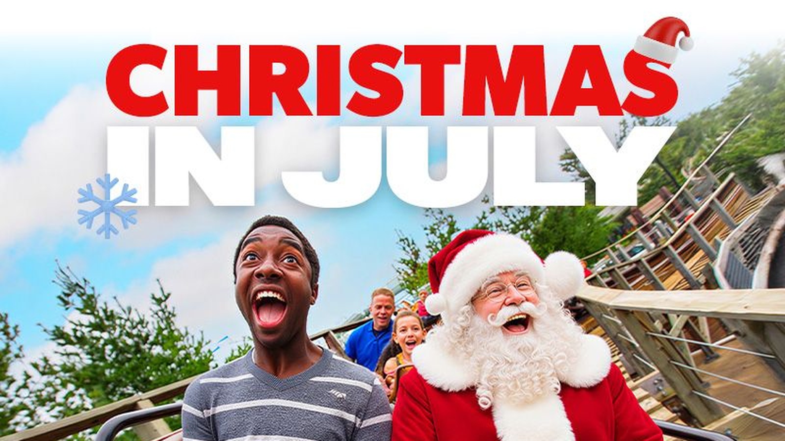Guests and Santa on a Cedar Point coaster under Christmas in July sale graphics