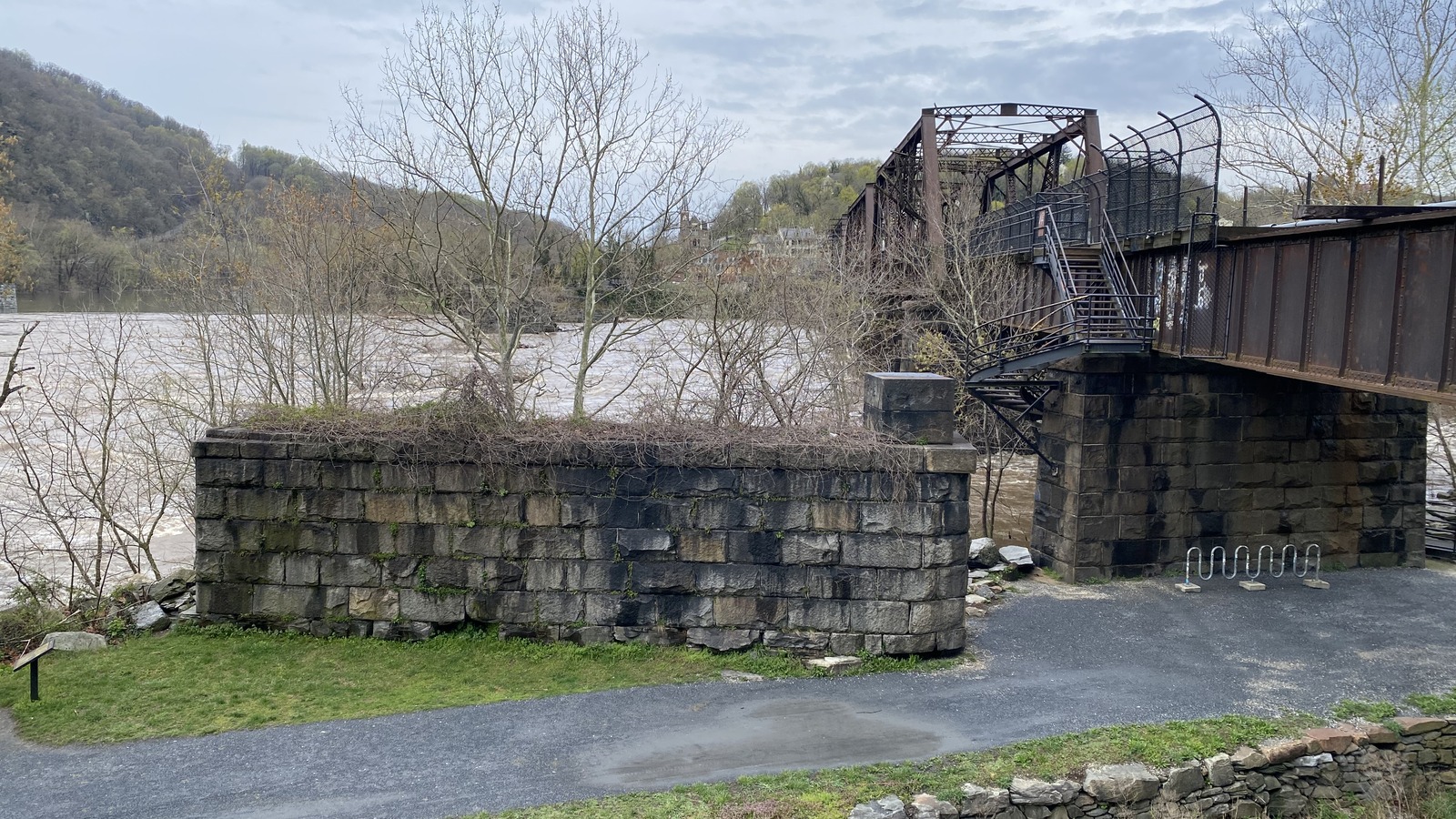 Goodloe Byron Memorial Footbridge and metal spiral stairway at the C and O Canal towpath near Harpers Ferry