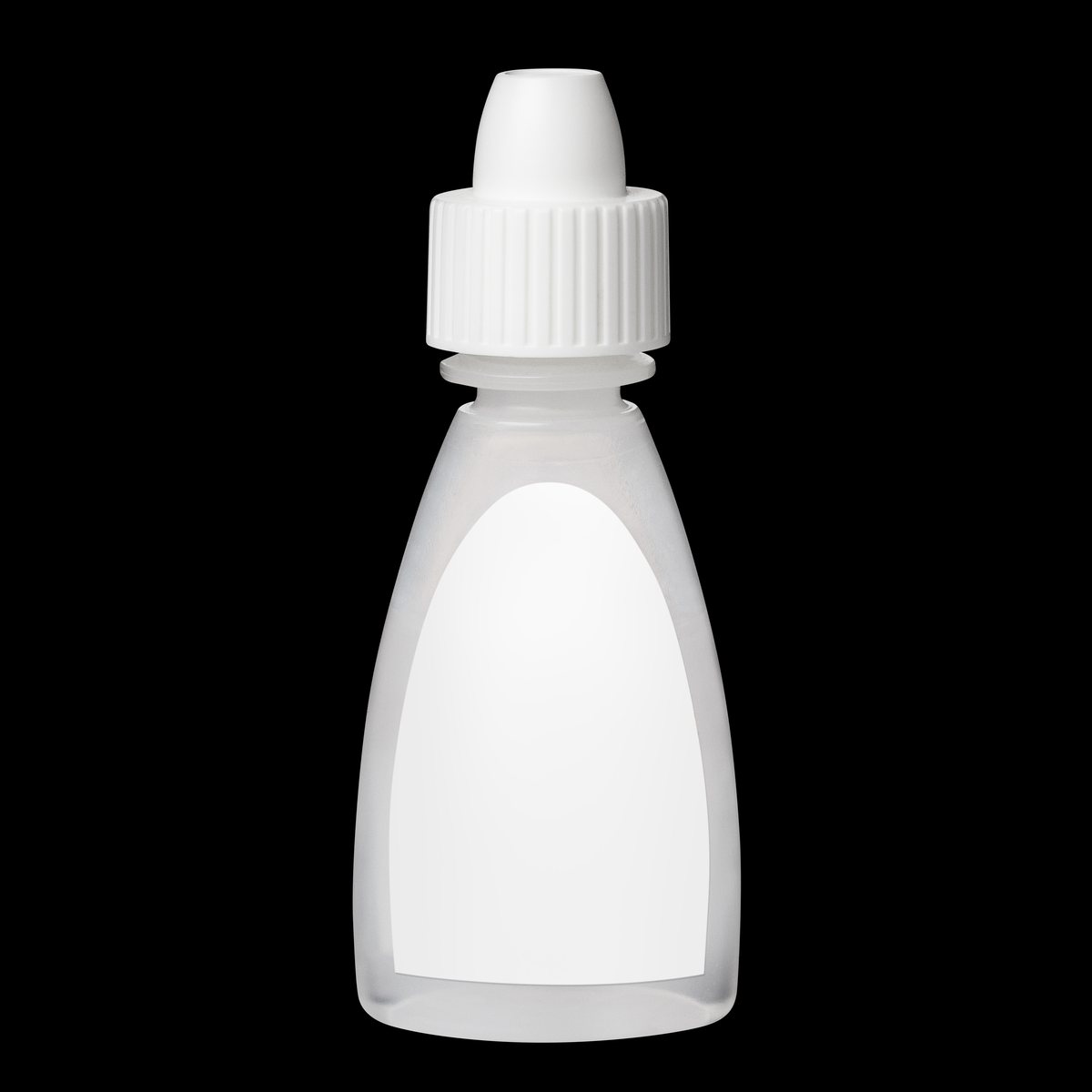 White dropper bottle of eye drops on a dark background