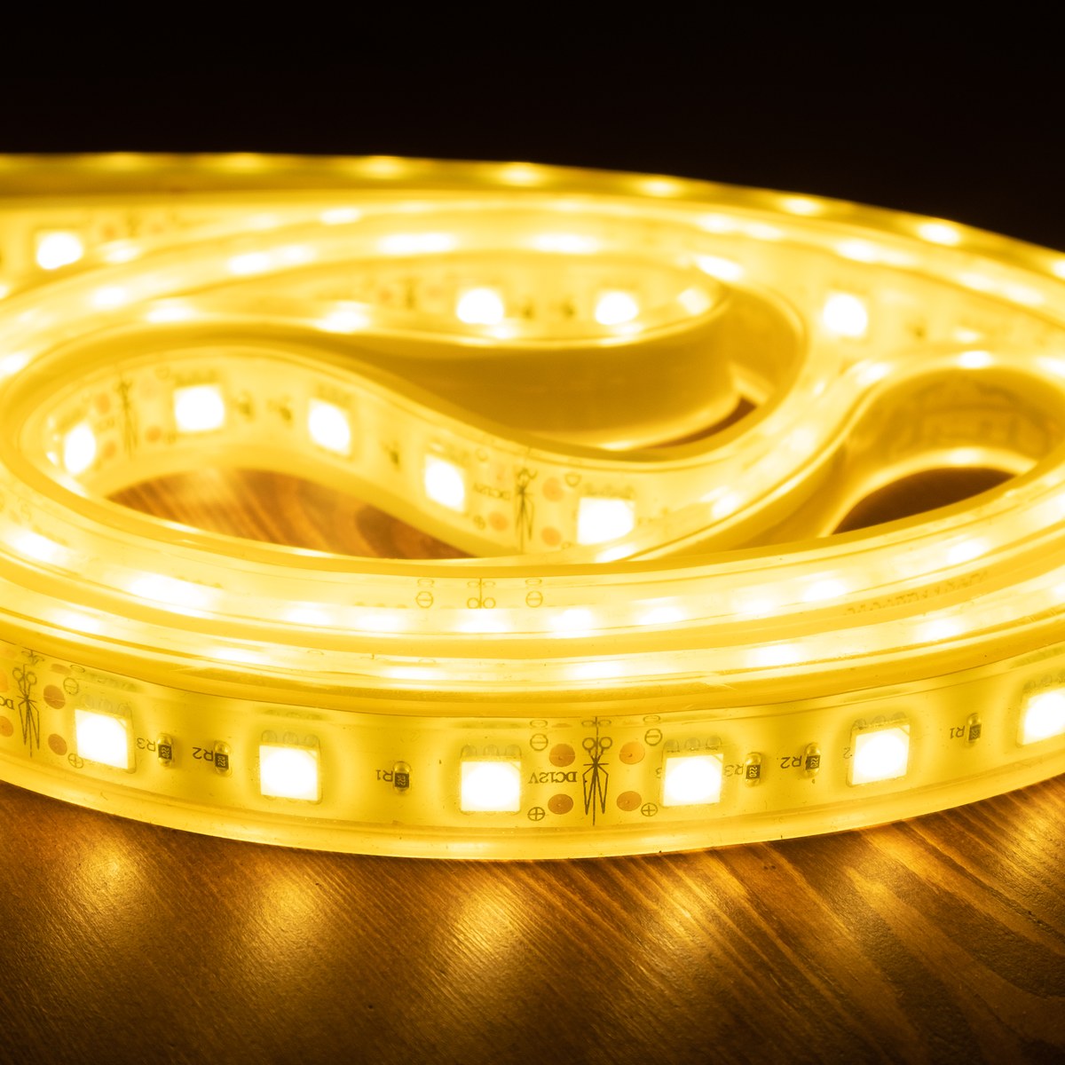 Coiled roll of warm-white LED strip lights