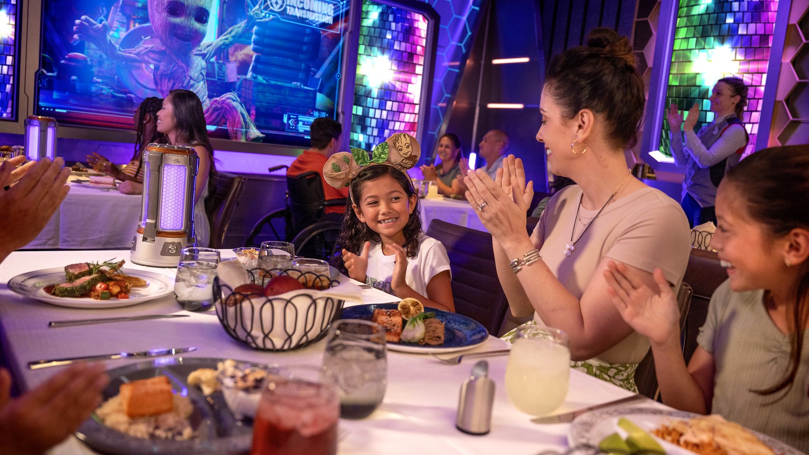 Worlds of Marvel dining room on the Disney Treasure during the Marvel Celebration of Heroes Groot Remix dinner show