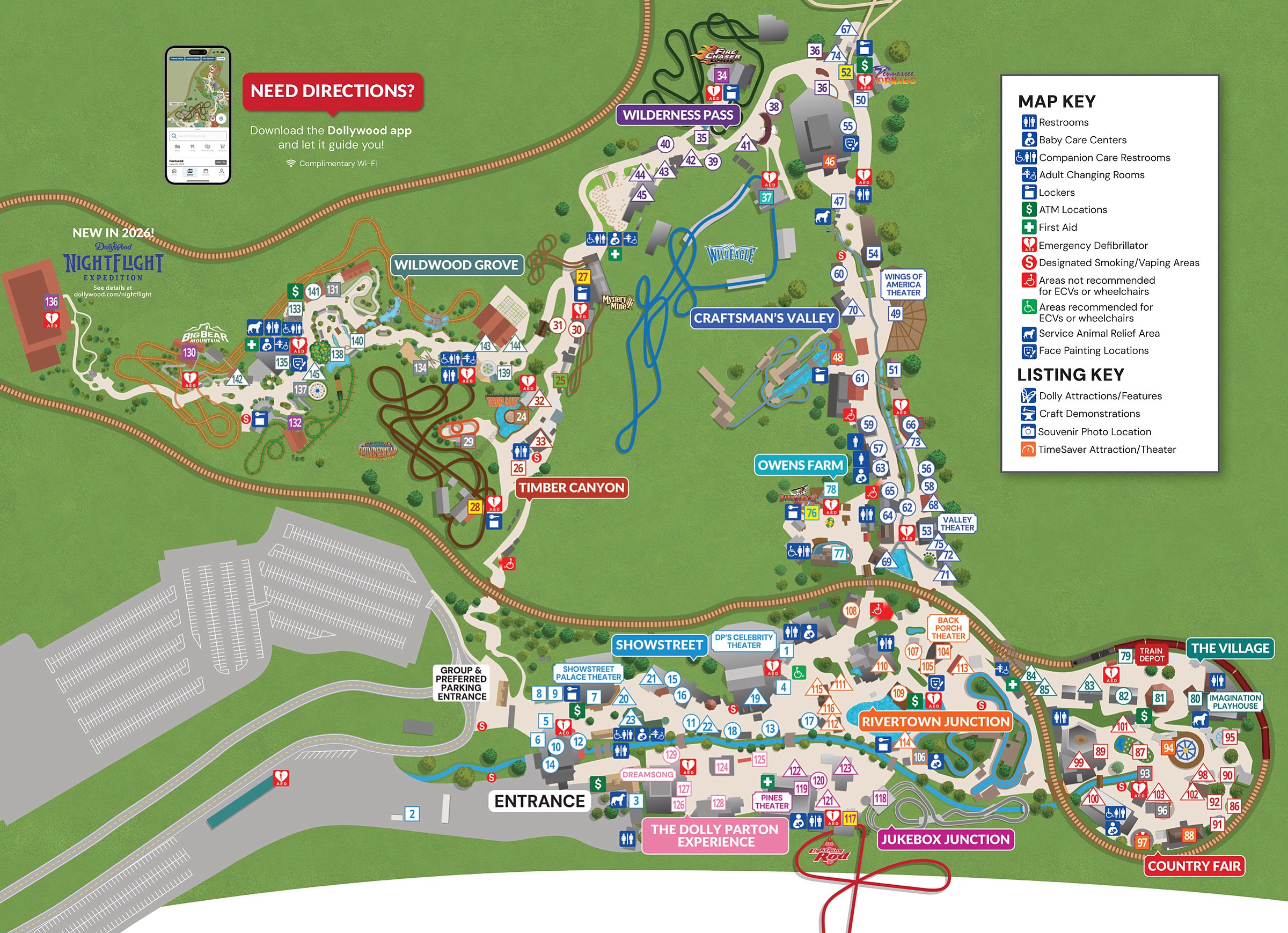 Dollywood park map showing areas, entrances, and parking