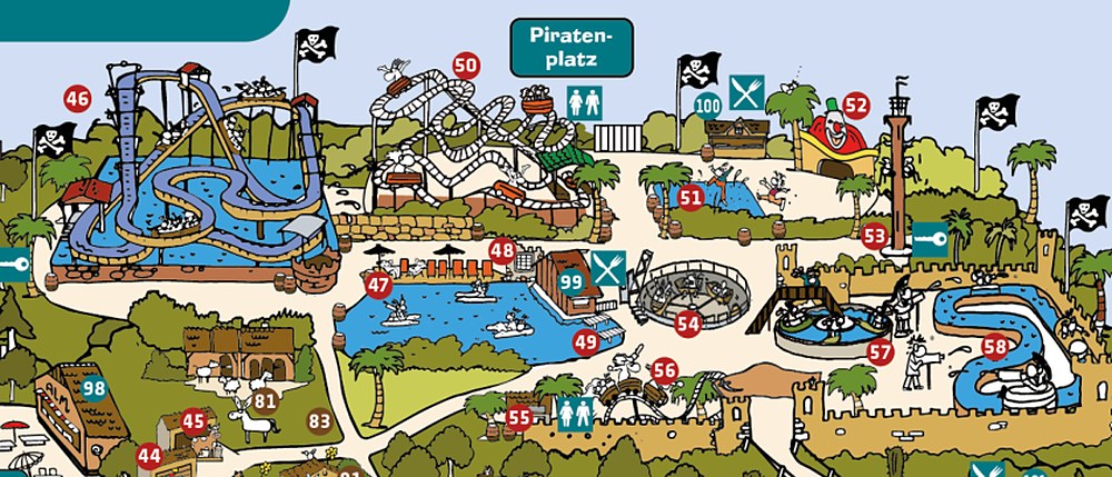 Map detail of the Piratenplatz with the water rides and coasters at Eifelpark Gondorf