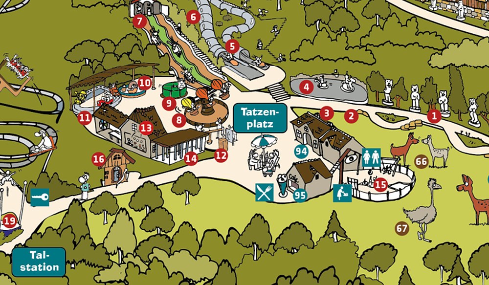 Map detail of the Tatzenplatz with the water slides and alpacas at Eifelpark Gondorf