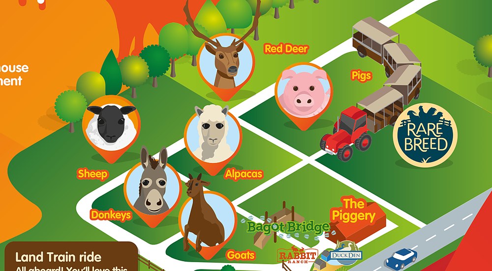 Map detail of the Jolly Barn farm at Folly Farm with the rare-breed animals