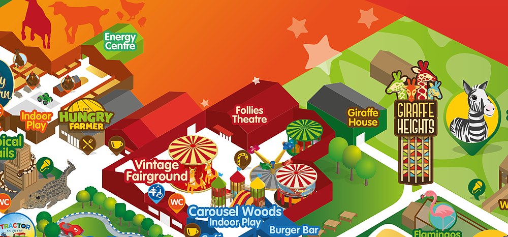 Map detail of the vintage fairground at Folly Farm with the carousel and Giraffe Heights